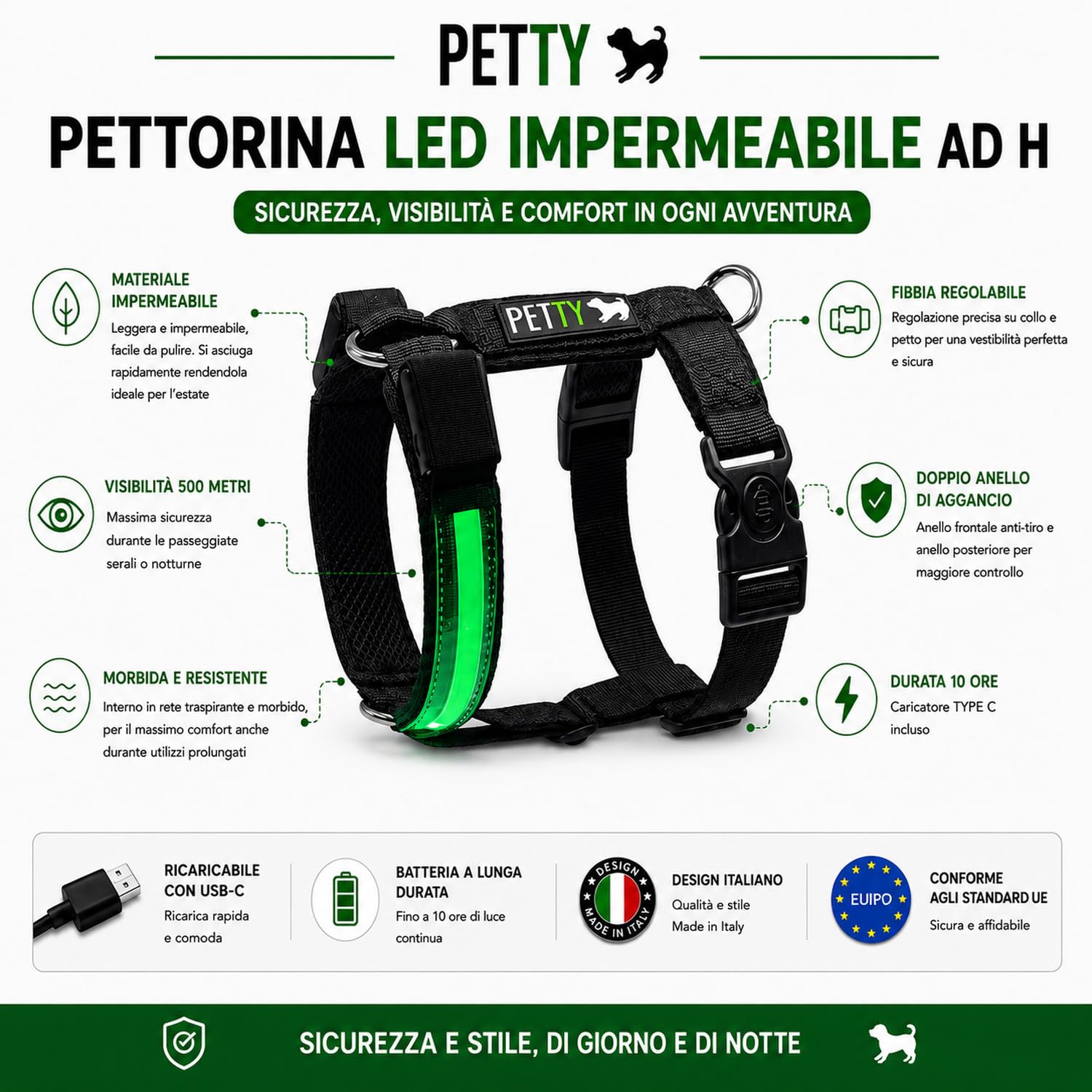 PETTY Pettorina cane ad H con Led Luminosi - Ricaricabili con USB, Imbracatura Anti Tiro Regolabile con Imbottitura Morbida, Traspirante e Chiusura Ermetica (XL, Rosso)