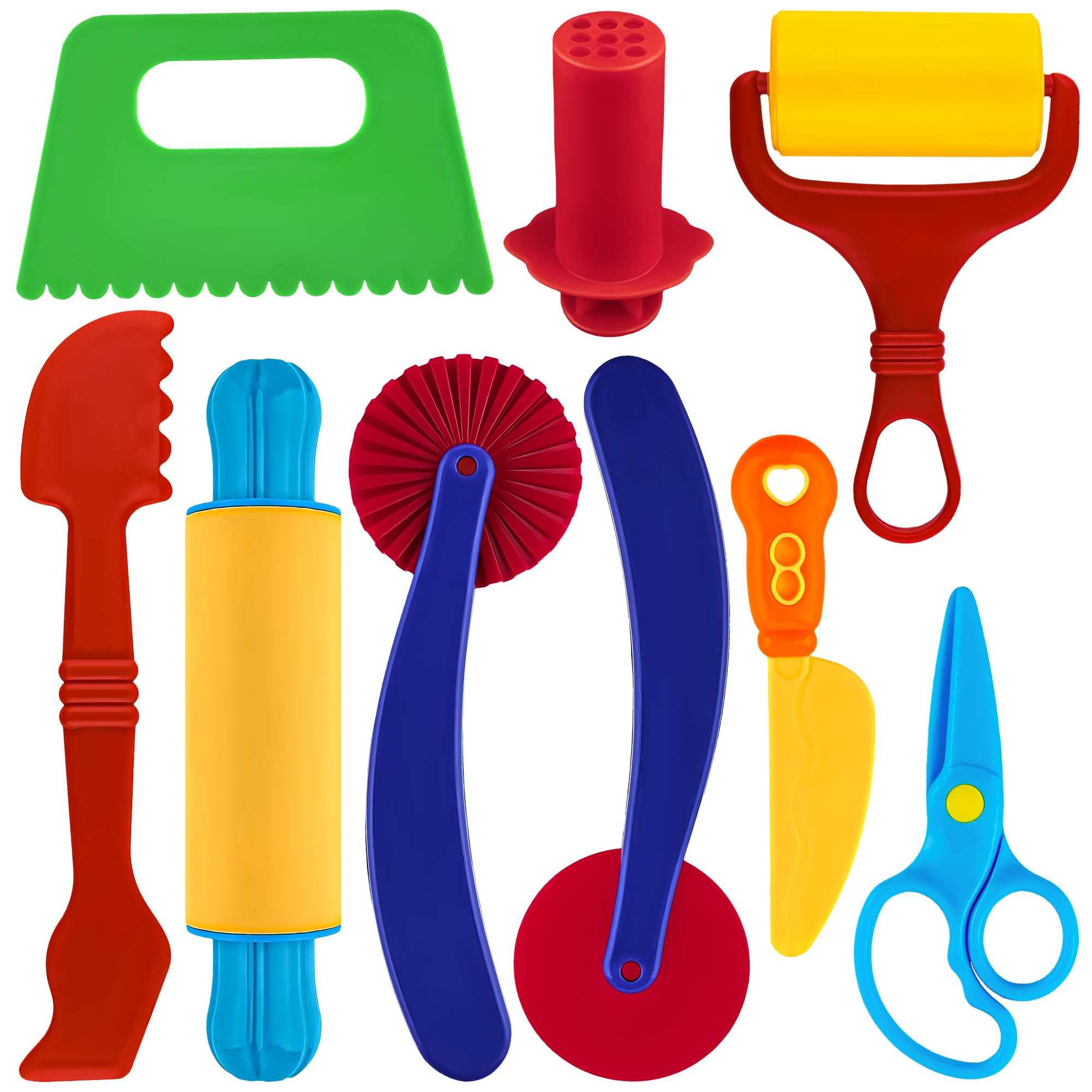Oun Nana Playdough Tool Kit for Kids, 9 PCS Basic Playdough Starter Set, Playdough Accessories with Pizza Cutter, Safety Scissors, Rolling Pin, Roller, Dough Scraper, Dough Extruder, Plastic Knife
