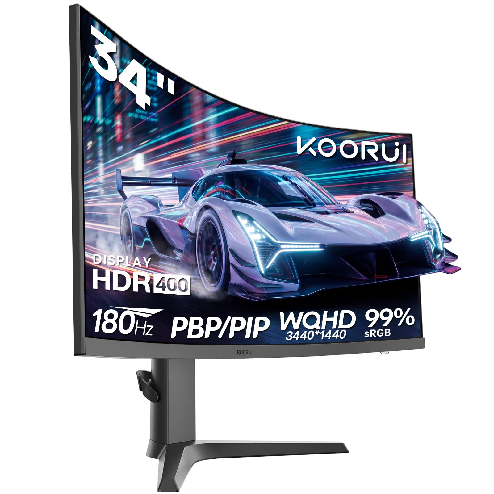 KOORUI 34 Cale Szeroki Krzywy Gamingowy Monitor 1000R 180Hz 1ms MPRT, Panel VA WQHD 3440x1440, HDR400 99% sRGB 90% DCI-P3, Zgodny z FreeSync/G-Sync, 2xHDMI 2.0/DP 1.4, PIP/PBP,15 Językach