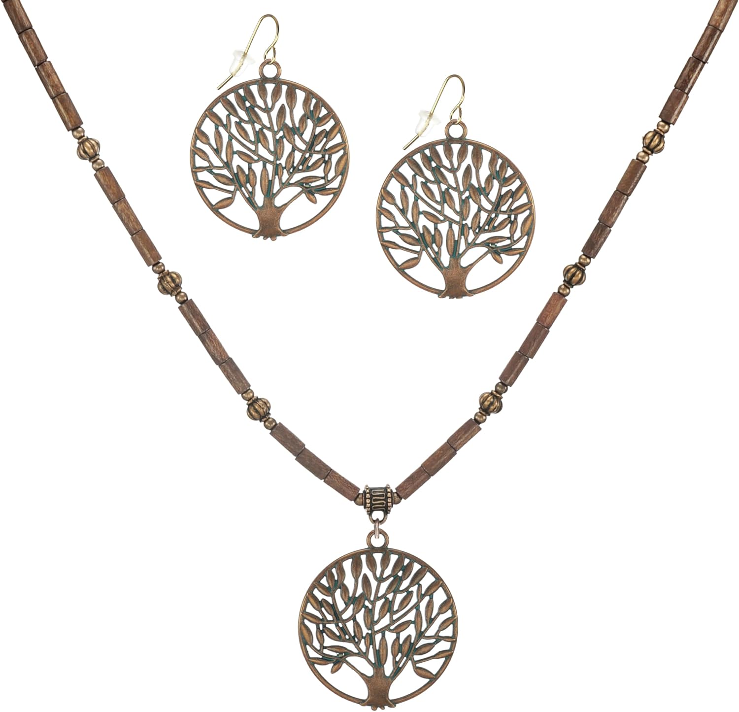 Handmade Vintage Inspired Tree of Life Copper Patina Boho Wood Beaded Necklace and Earring Set, Earrings only, or Necklace only – Length Choices