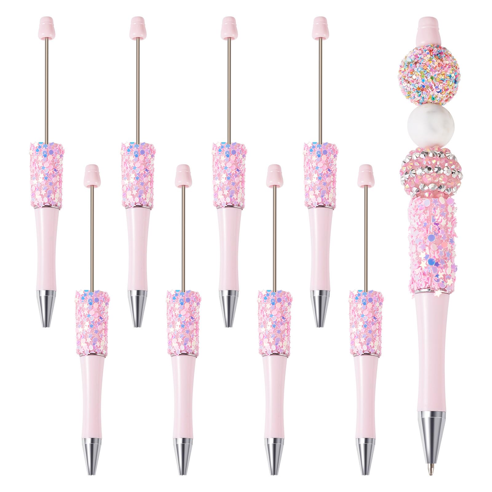 Spritewelry 8 Pcs Beadable Pens Bling Glitter Rhinestone Beaded Pens DIY Plastic Ball-Point Pens Shaft Black Ink Ballpoint Pens for DIY Pen Decorations Supplies Office School - Pink