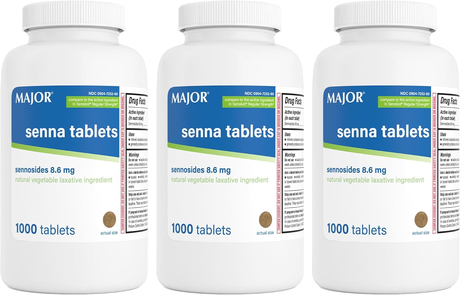 MAJOR Senna 8.6 mg Natural Vegetable Laxative Tablets - Made with Sennosides - 1000-Count (3-Pack)