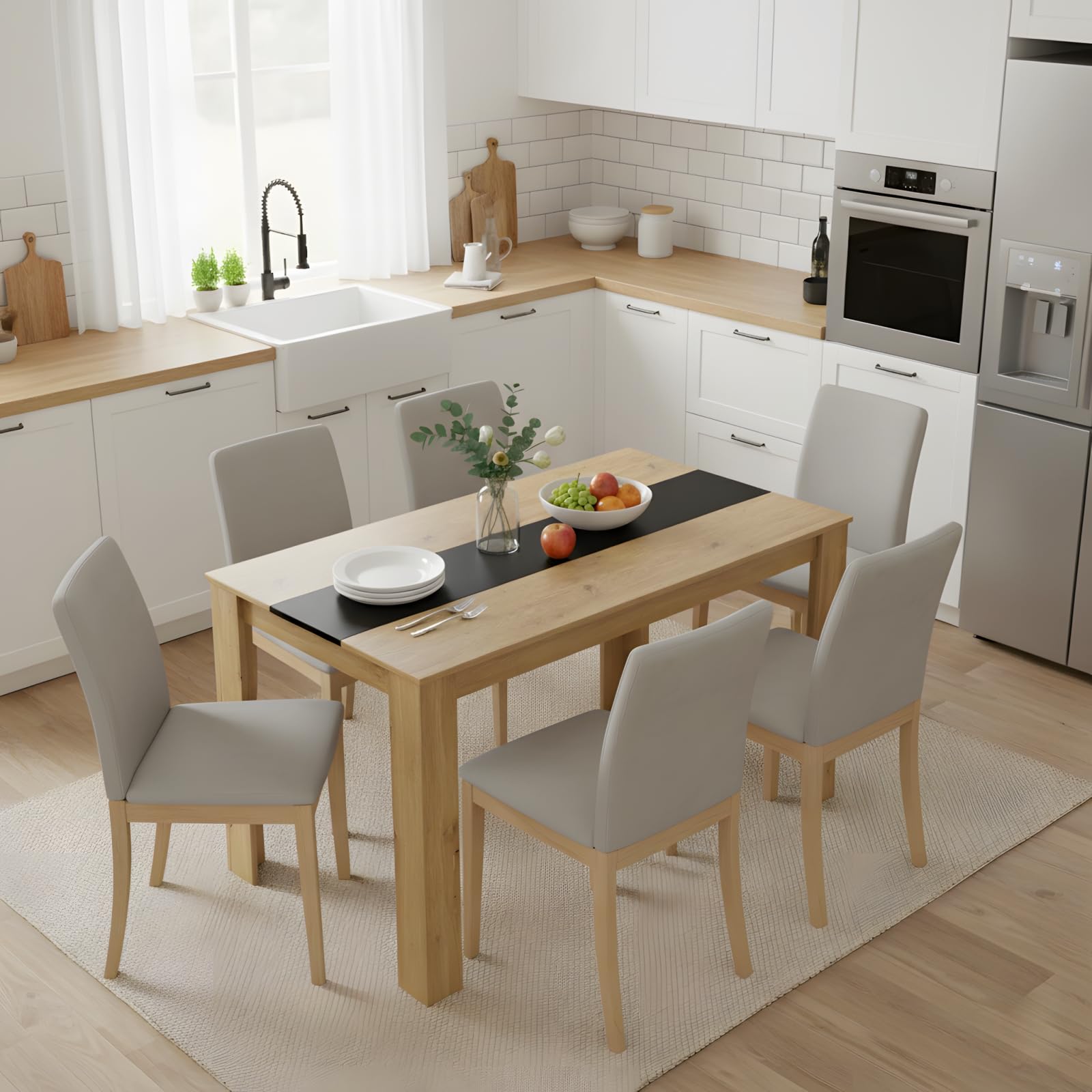Table de Salle à Manger 140 cm pour 6 Personnes, Table de Cuisine Rectangulaire en Bois pour Salle à Manger Cuisine Restaurant ou Salon, Style Industriel, Chêne et Noir, 140×70×75 cm