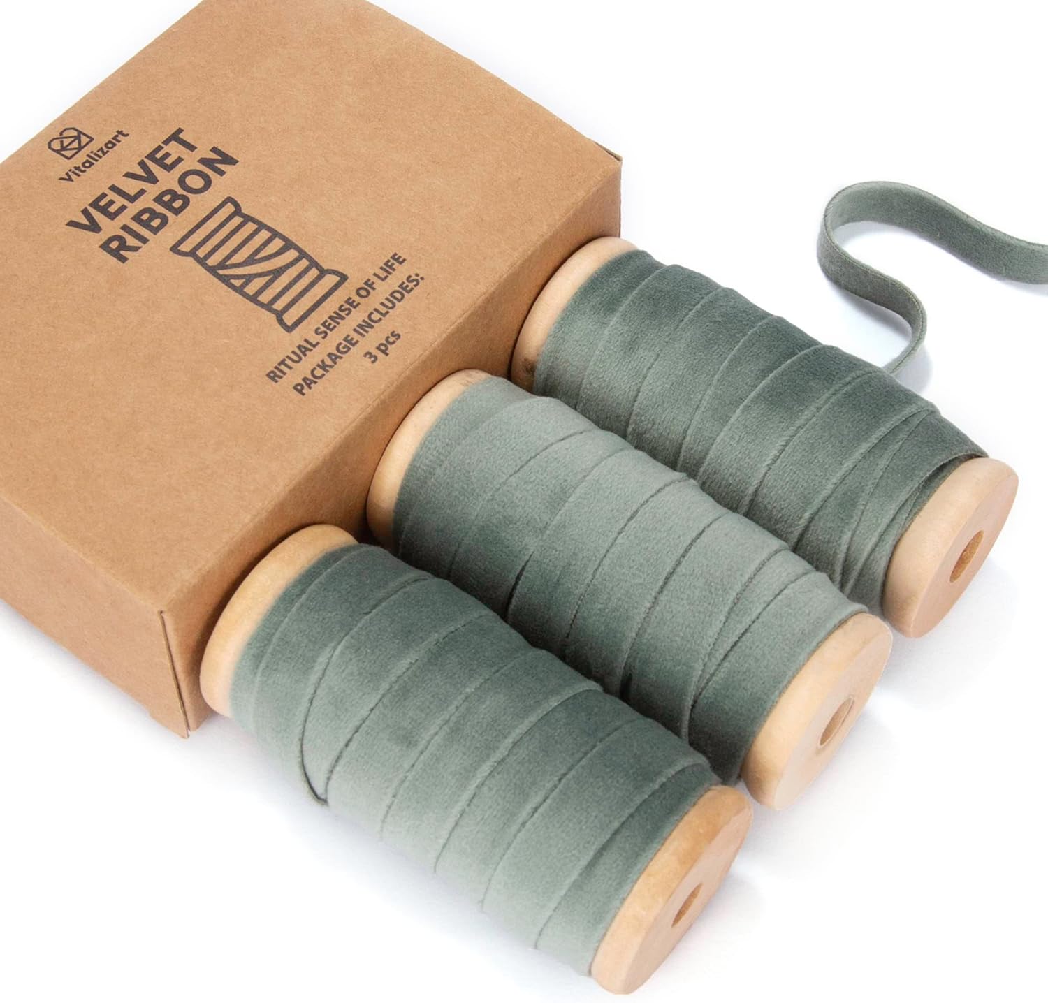Vitalizart Dusty Green Velvet Ribbon Set 3/8"" x 15Yd Wooden Spool Fabric Trim Eco-Friendly 3 Rolls * 5Yd for Christmas Wreath Decoration Handmade Craft Ornaments Gift Wrapping & Bow Making