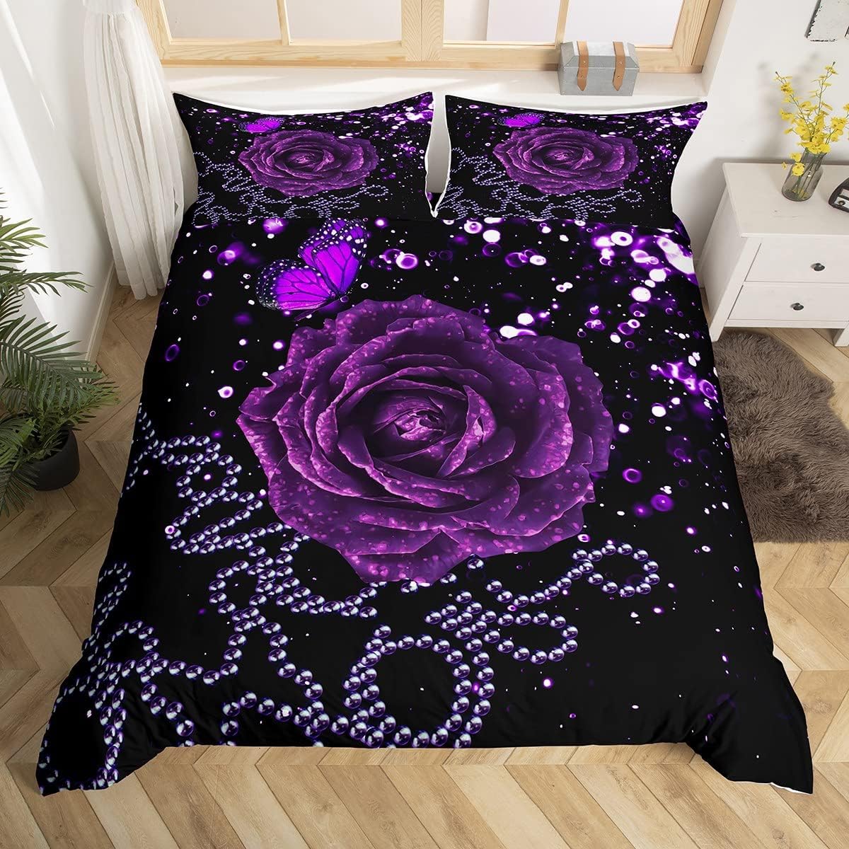 Purple Rose Duvet Cover,Kids 3D Butterfly Bedding Set,Botanical Floral