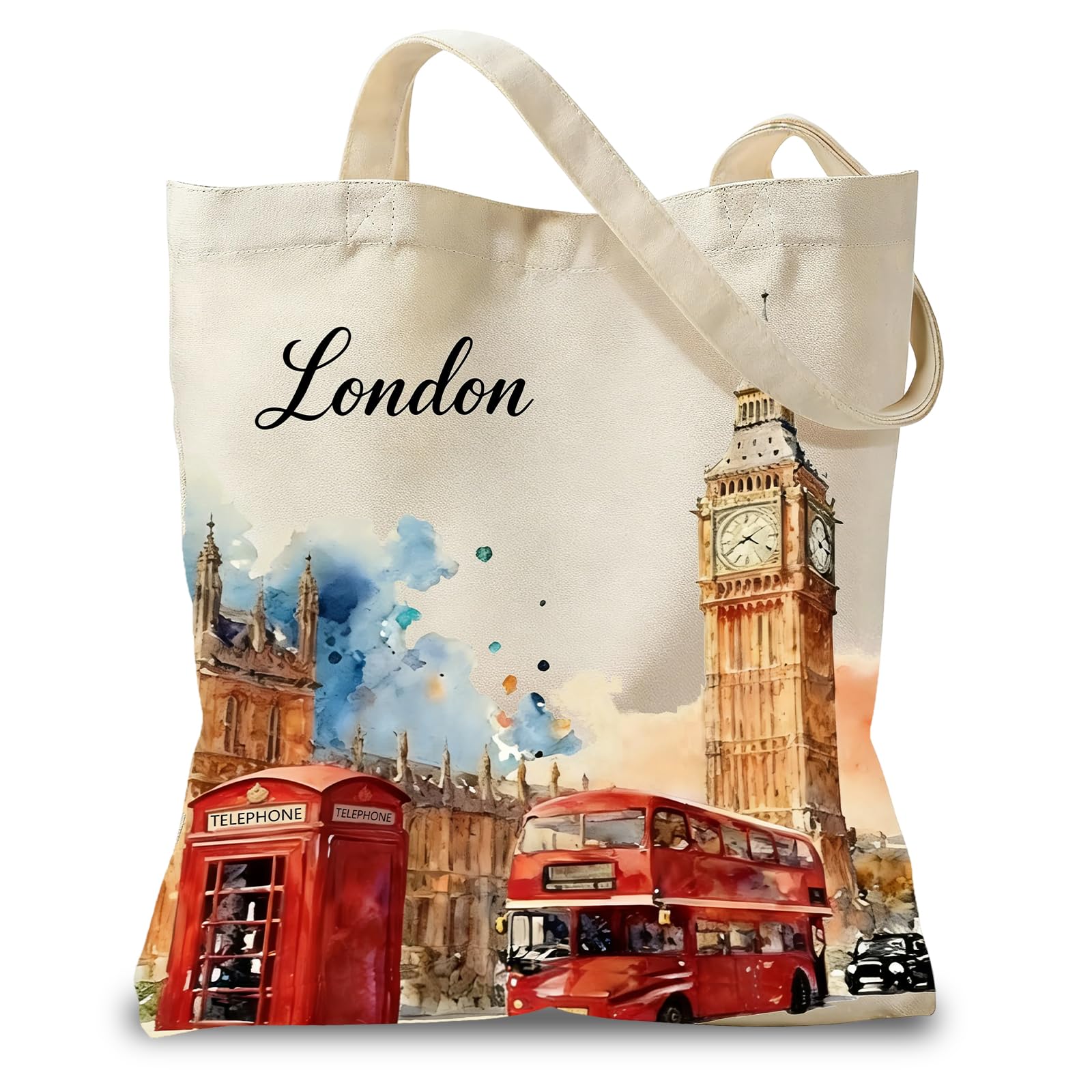 Velorin London Tote Bag, Double-Sided Print Tote Bag, London Souvenirs, Reusable Canvas Shopping Bags, London Souvenirs Gifts for Birthday Vacation Memory