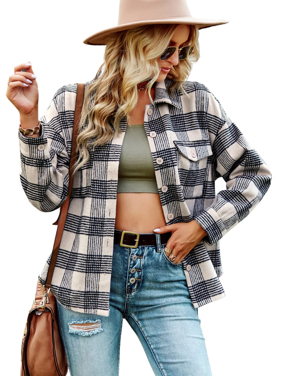 MOPOOGOSS Women's Flannel Plaid Lapel Jacket Long Sleeve Button Down Shacket Casual Coat Shirts