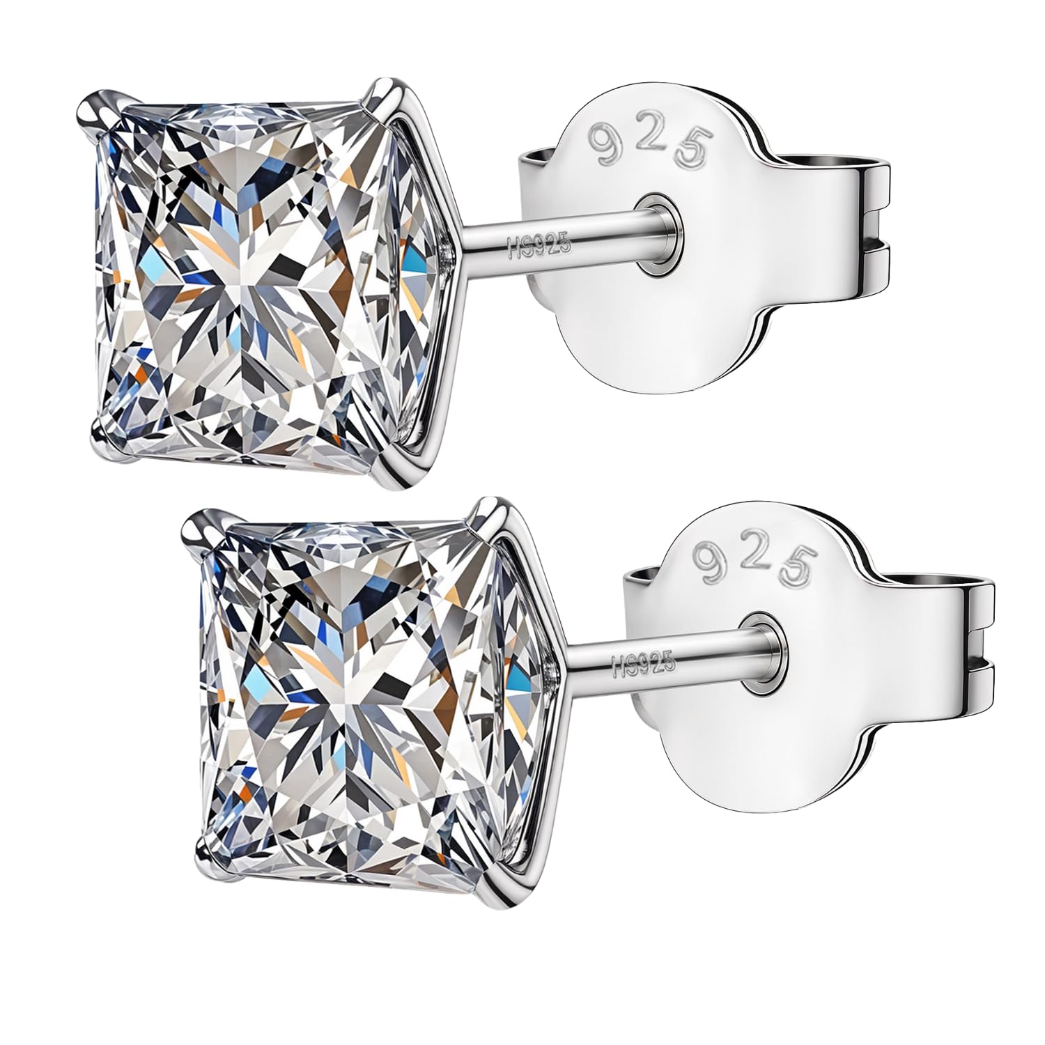HIGHSPARK 925 Silver Square Solitaire Stud Earrings | 92.5 Sterling Silver & Square Brilliant Cubic Zirconia Tops for Men Women Boys & Girls