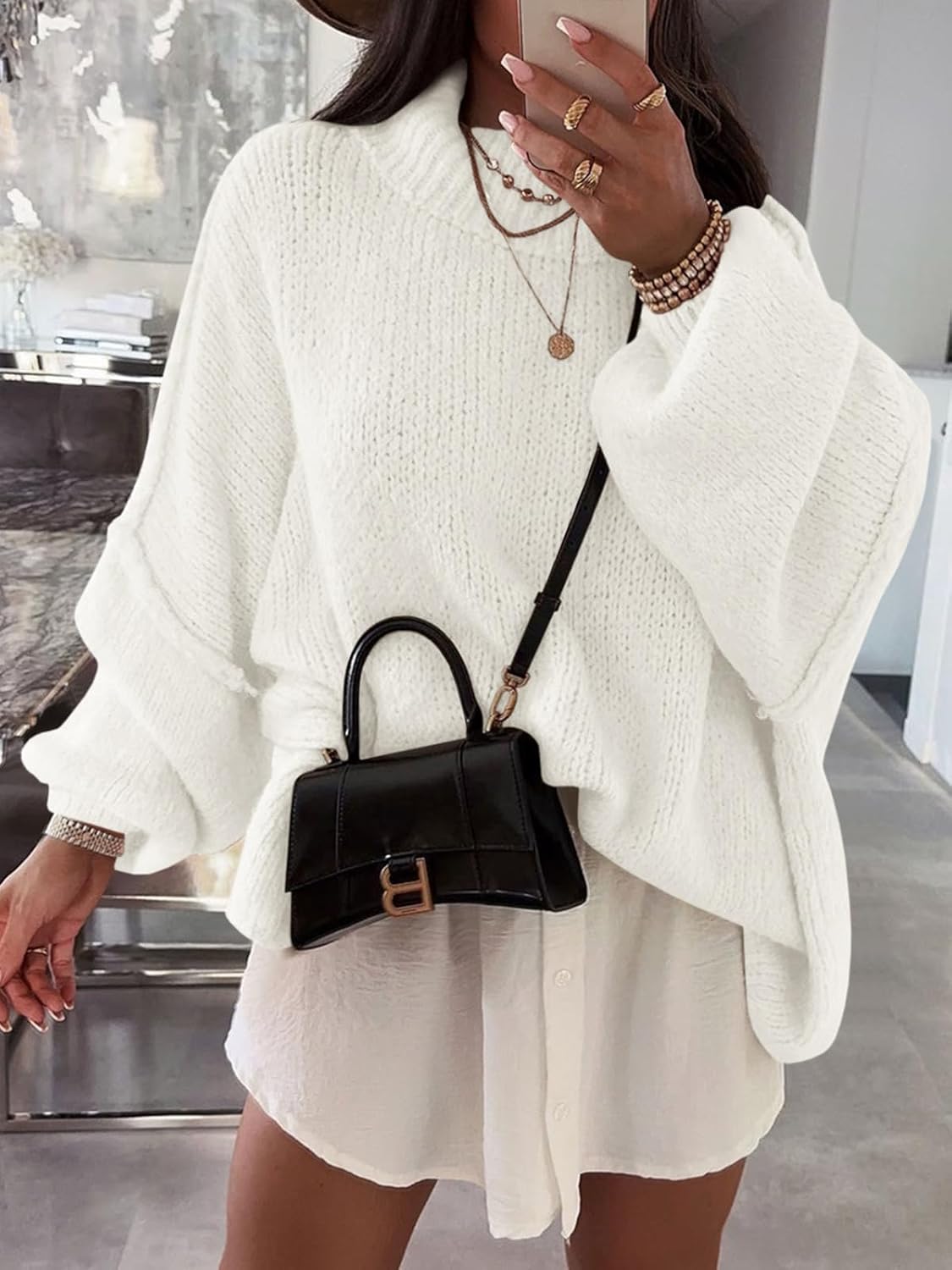 Saodimallsu Womens Oversized Sweaters Mock Neck Batwing Long Sleeve 2026 Fall Trendy Ribbed Knit Casual Tunic Sweater - Image 3