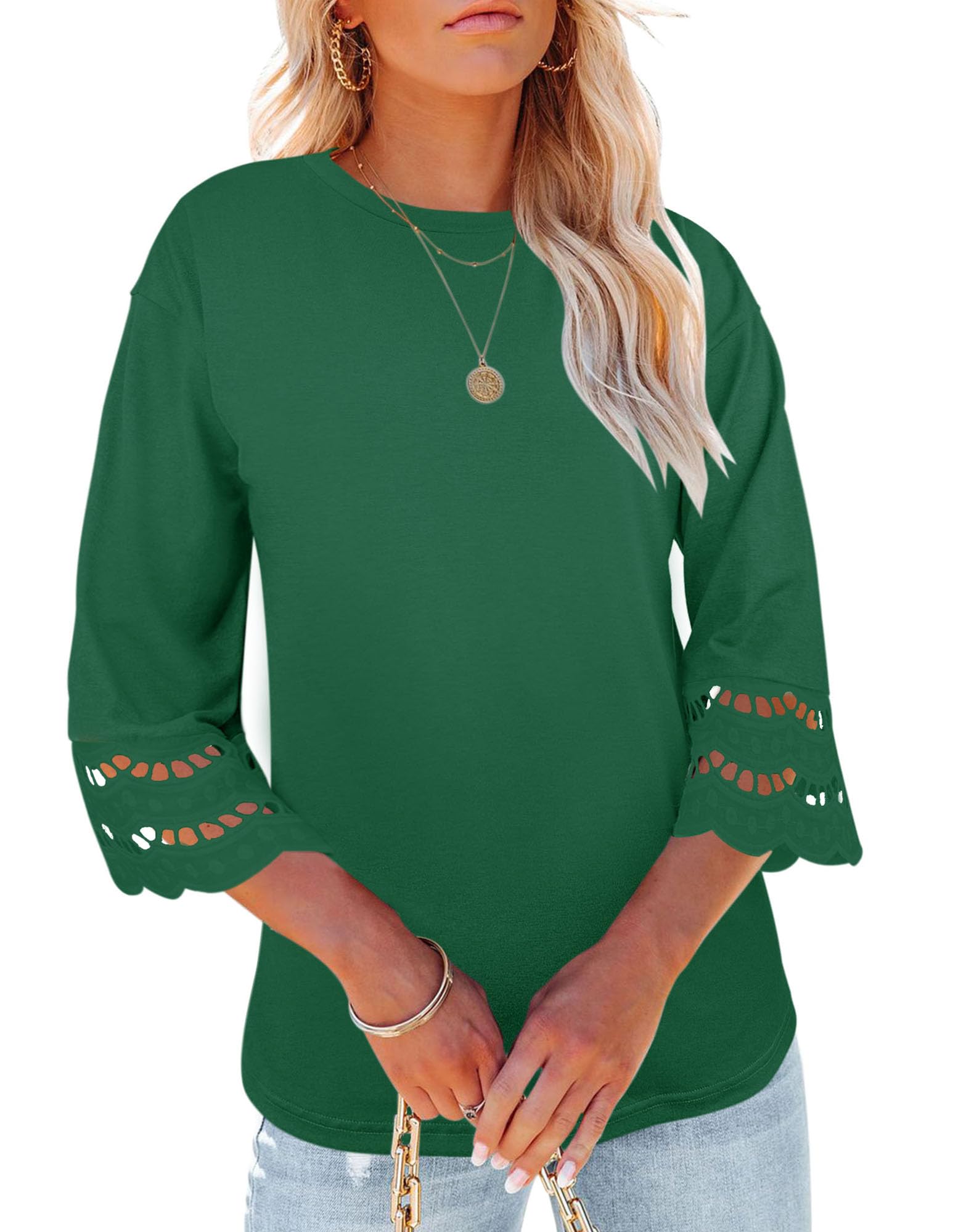 Yuccalley Women's 3/4 Lace Sleeve Summer T-Shirts Casual Round Neck Loose Fit Tee Tops
