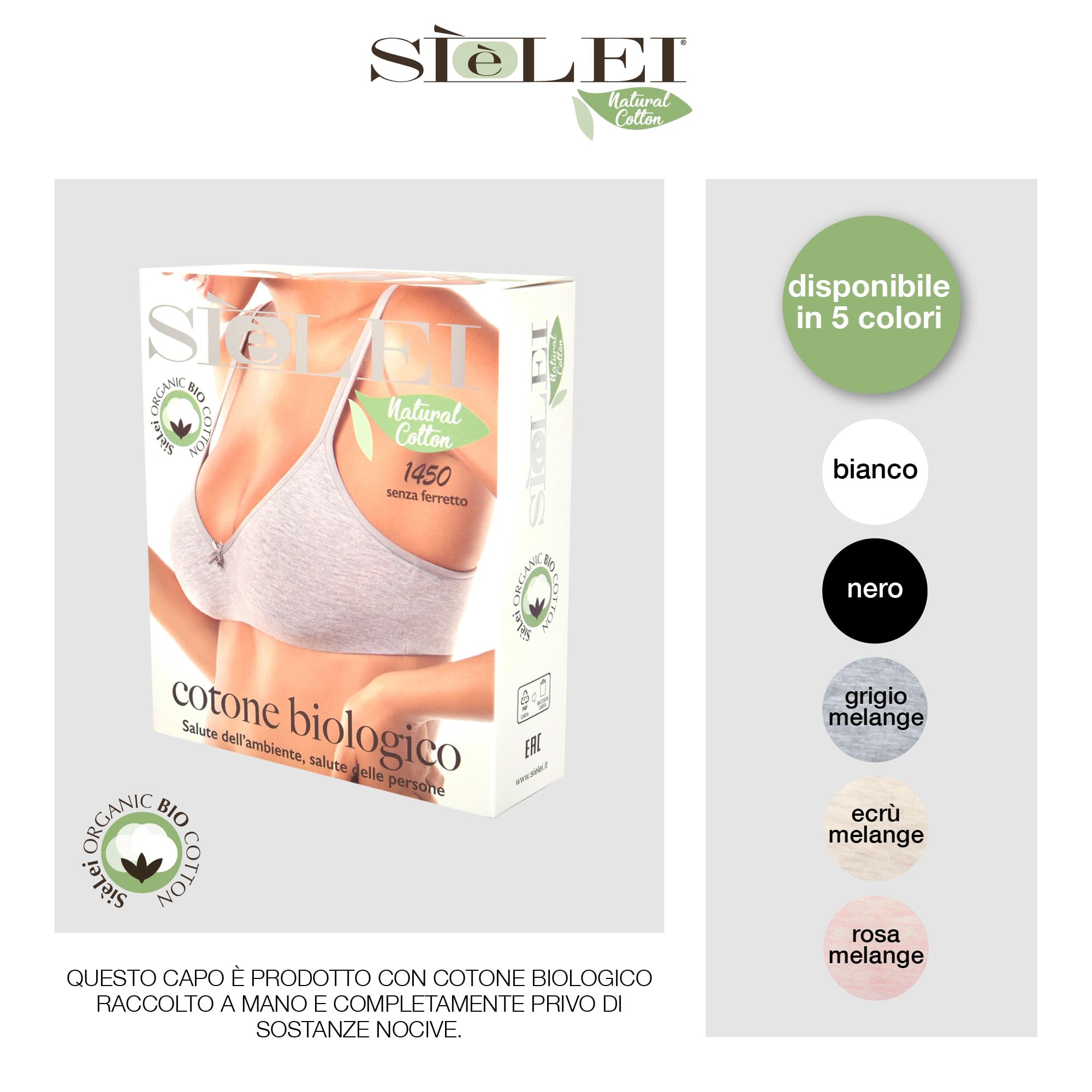 SÌèLEI, Reggiseno Senza Imbottitura e Senza Ferretto, Realizzato in Cotone Biologico, 100% Naturale, Designed in Italy