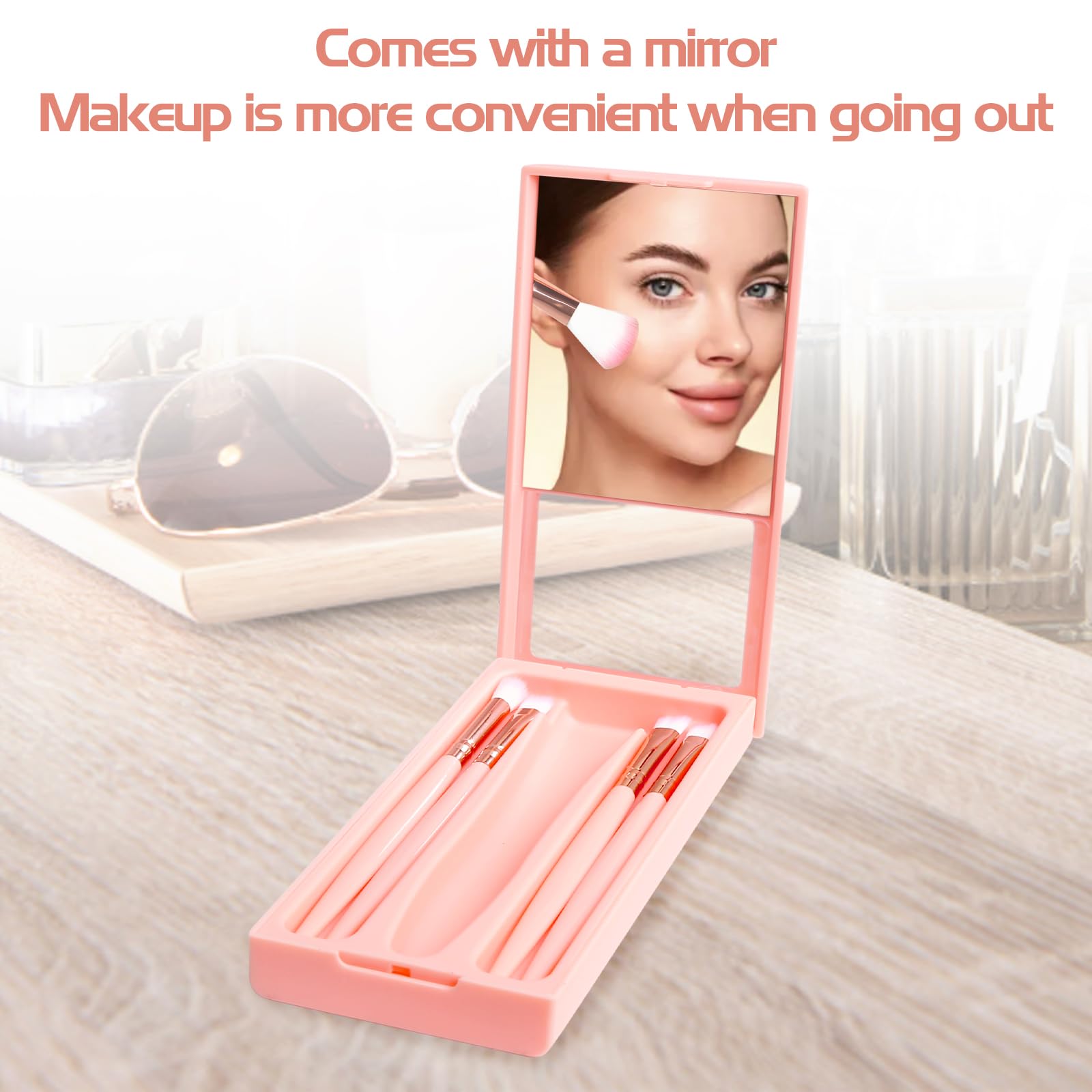 Travel Makeup Brush Set, 5 PCS Mini Brushes with Mirror, Portable (Pink) - Image 2