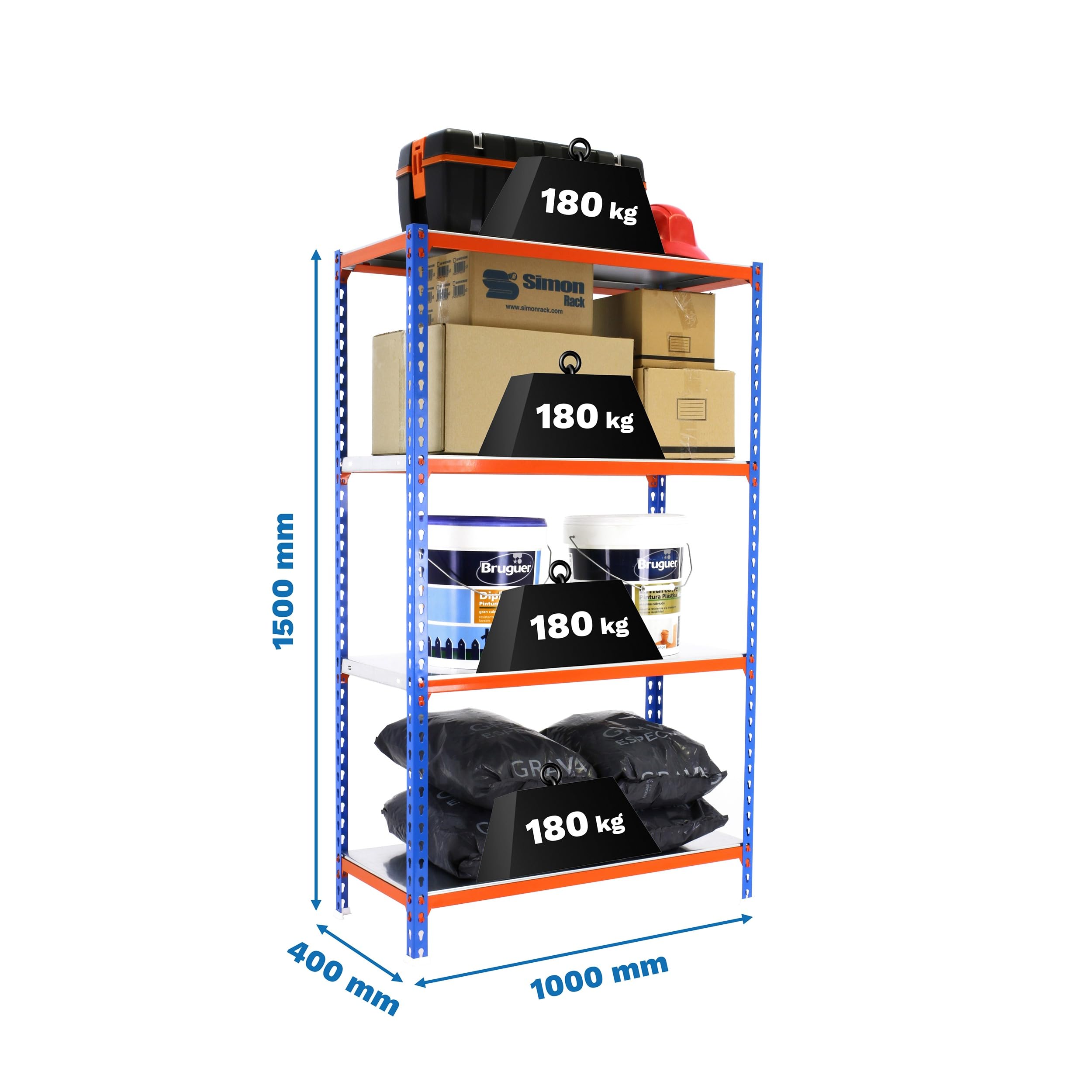 Simon Rack Étagère Rangement et 6 Niveaux, 180 kg Capacité de Charge et Point de Flexion, 2500x1000x300 mm, Étagère Charge Lourde, Étagère Garage, Bleu/Orange/Galvanisé - Simonclick