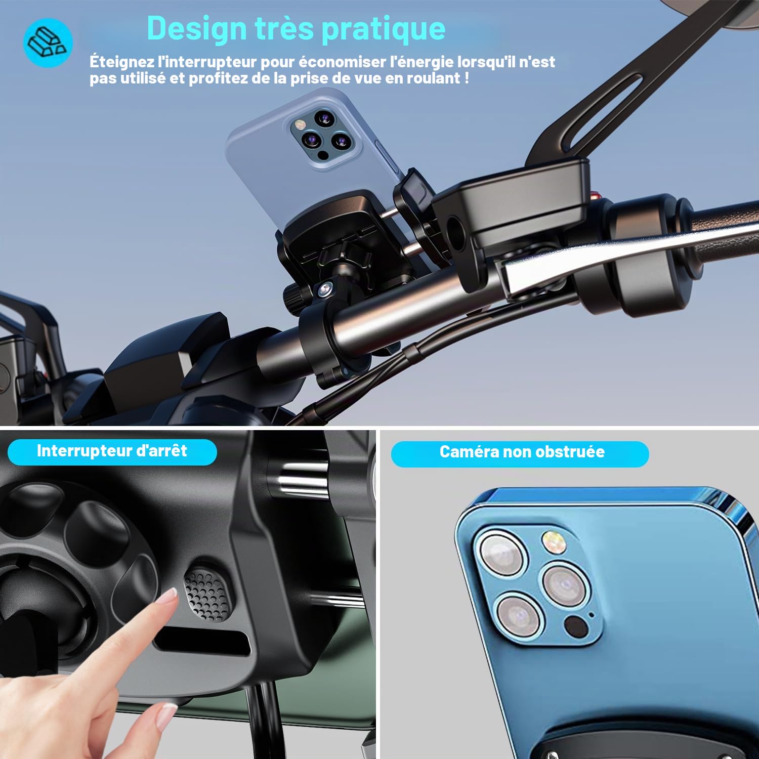 iMESTOU Support USB en aluminium pour moto avec charge rapide USB-C, convient pour téléphones de 13,7 à 18,3 cm jusqu'à 15 mm d'épaisseur, guidon 12''