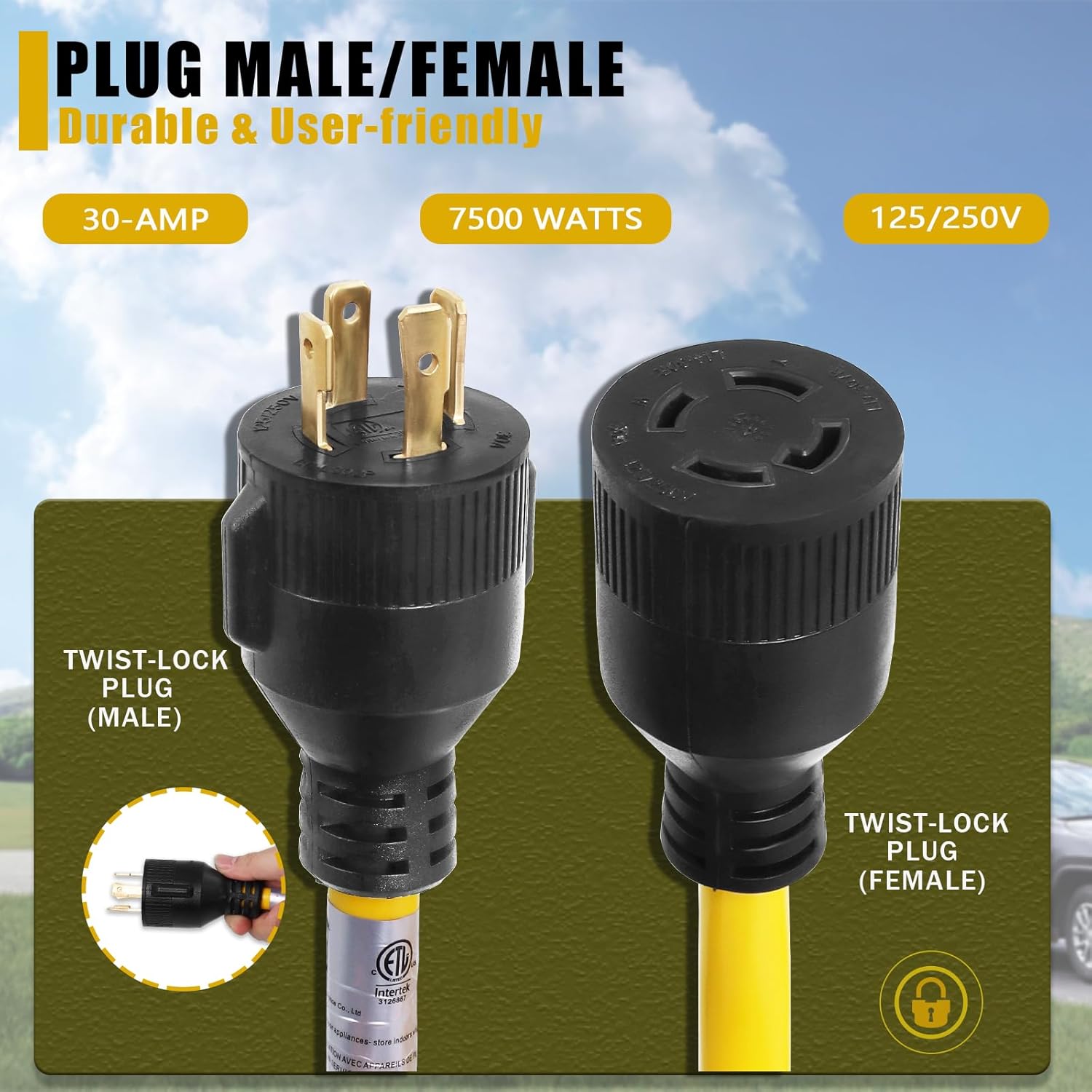 30 Amp Generator Cord and Power Inlet Box, 35 Ft Generator Power Extension Cord 4 Prong Yellow NEMA L14-30P to L14-30R 125V, 7500W Generator Power Inlet Organizer Combo Kit for Outdoor Use ETL Listed