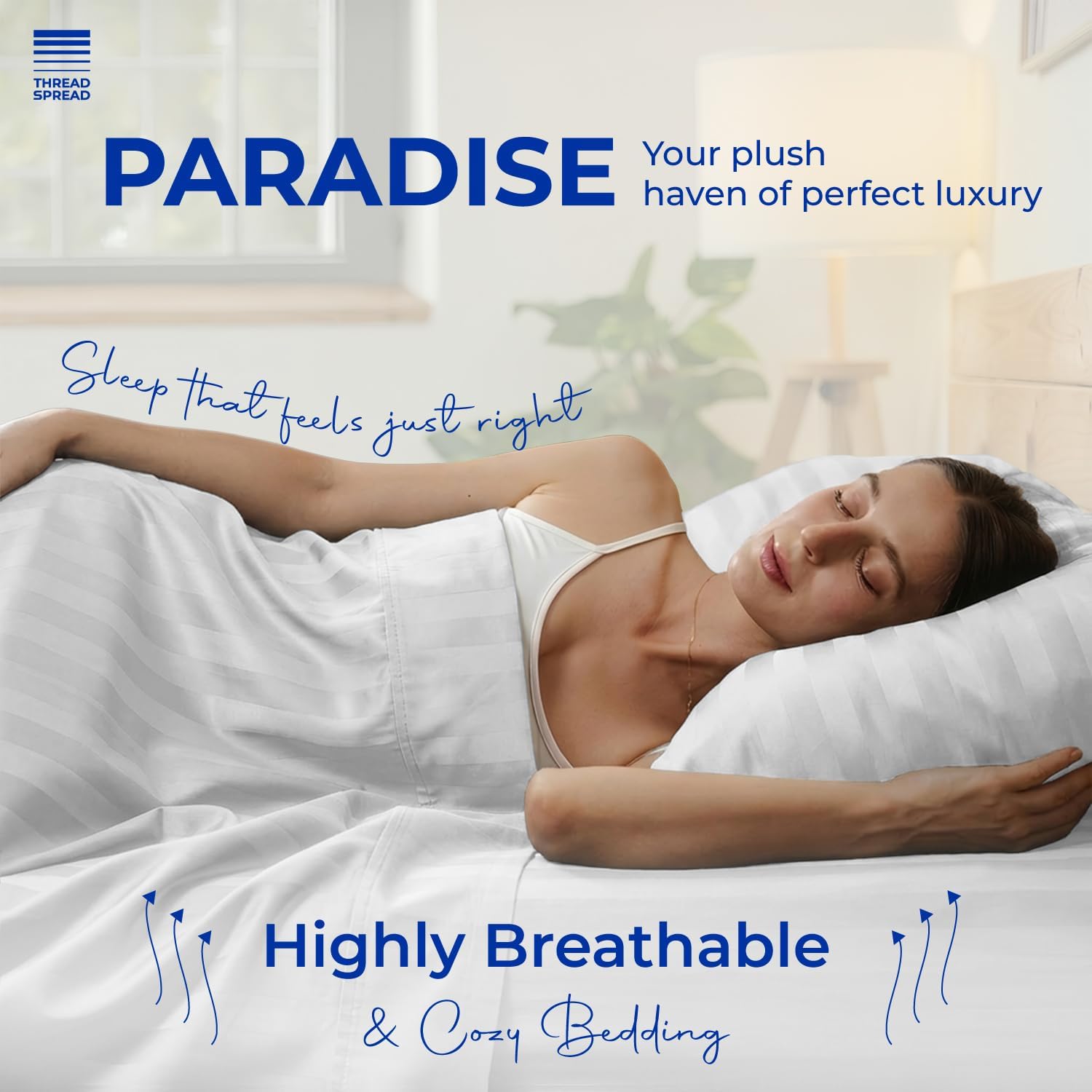 THREAD SPREAD King Size Sheets Set, Luxury 1000 Series Paradise Collection 100% Egyptian Cotton Damask Striped Bed Sheets King Size (4 PC, White Stripe), Soft 16" Deep Pocket Hotel Sheet Set