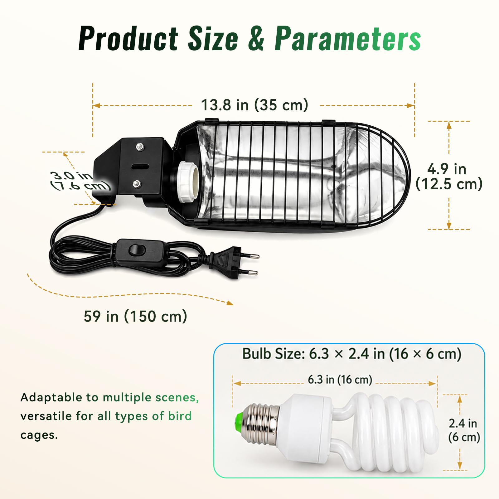 Set di lampade per uccelli UVB 2.4, 23 W, per pappagalli, rettili, uccelli, classe energetica G, rapida installazione, con cavo antimasticazione, lampada per terrario a forma di U, interfaccia E27