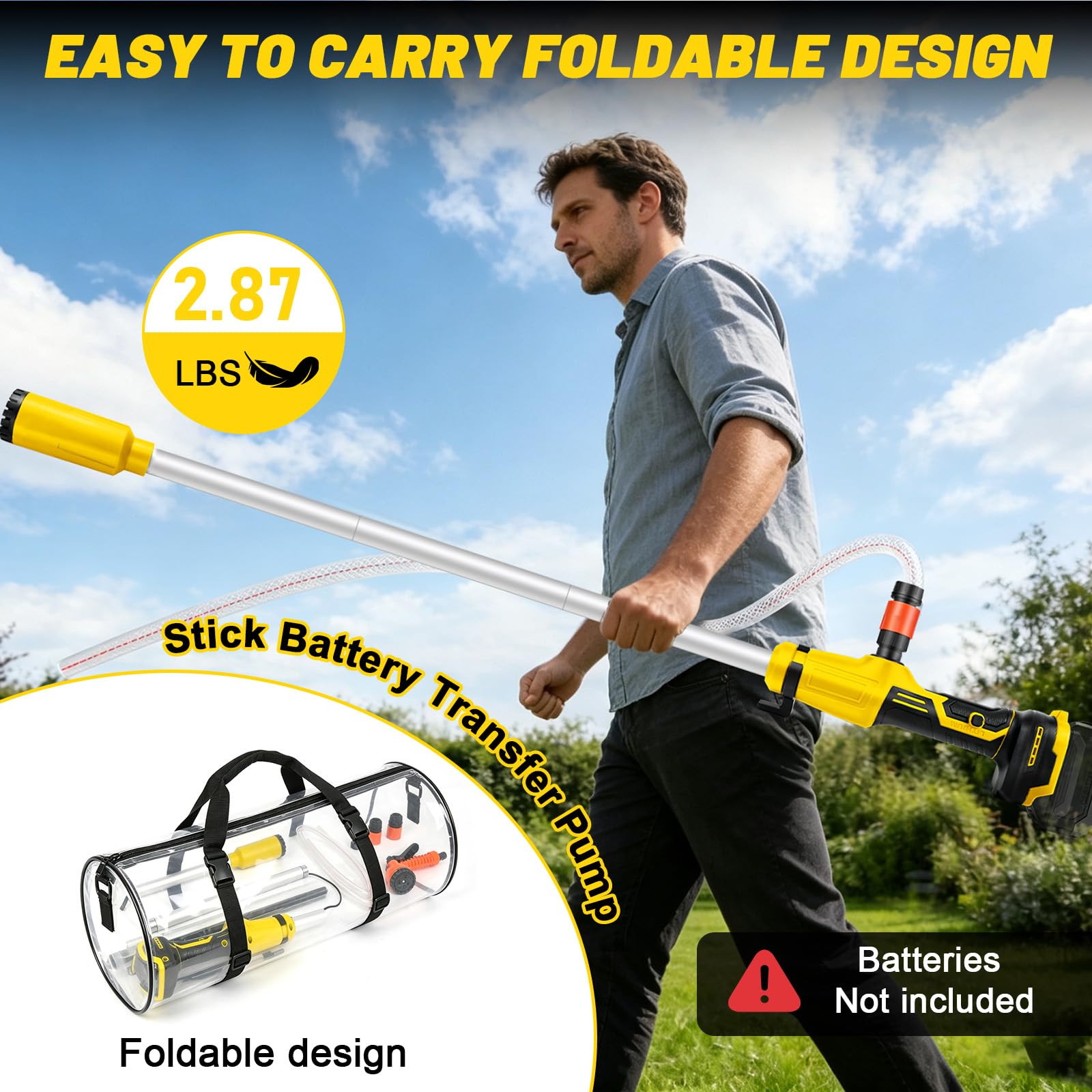 Akku-Regenfasspumpe 50 l/min kompatibel mit Dewalt 20V-Akku (ohne Batterie) | tragbare Stabpumpe, mit Sprühkopf und 1,5 m langem Schlauch, für Pools, Gärten, Teichen, Fässern