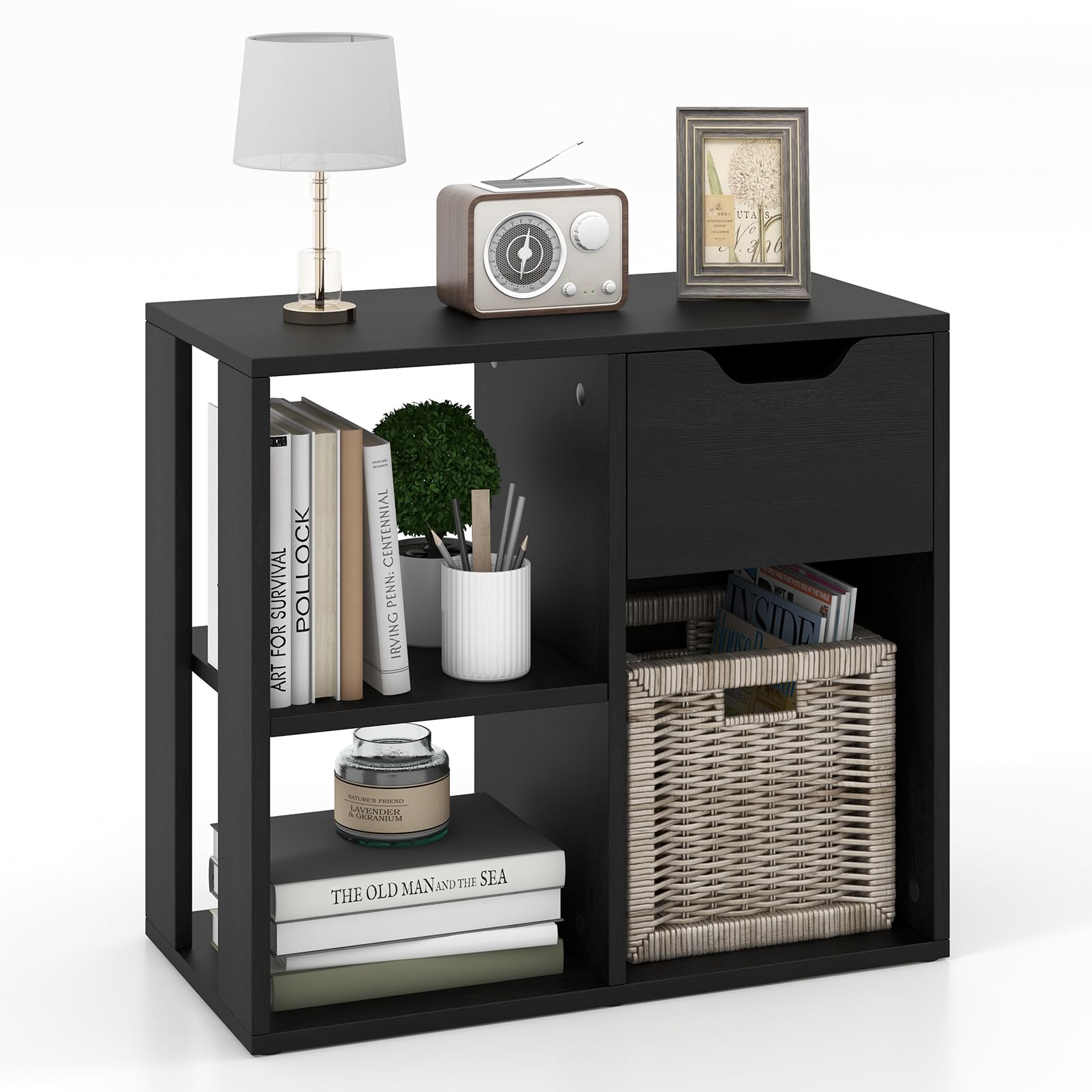 GIANTEX Estantería de Almacenamiento con 3 Cubos, 60 x 30 x 53 cm, Librería de Madera Independiente, 2 Niveles con 1 Cajón, Estante de Exhibición para Salón, Estudio, Oficina (Negro)