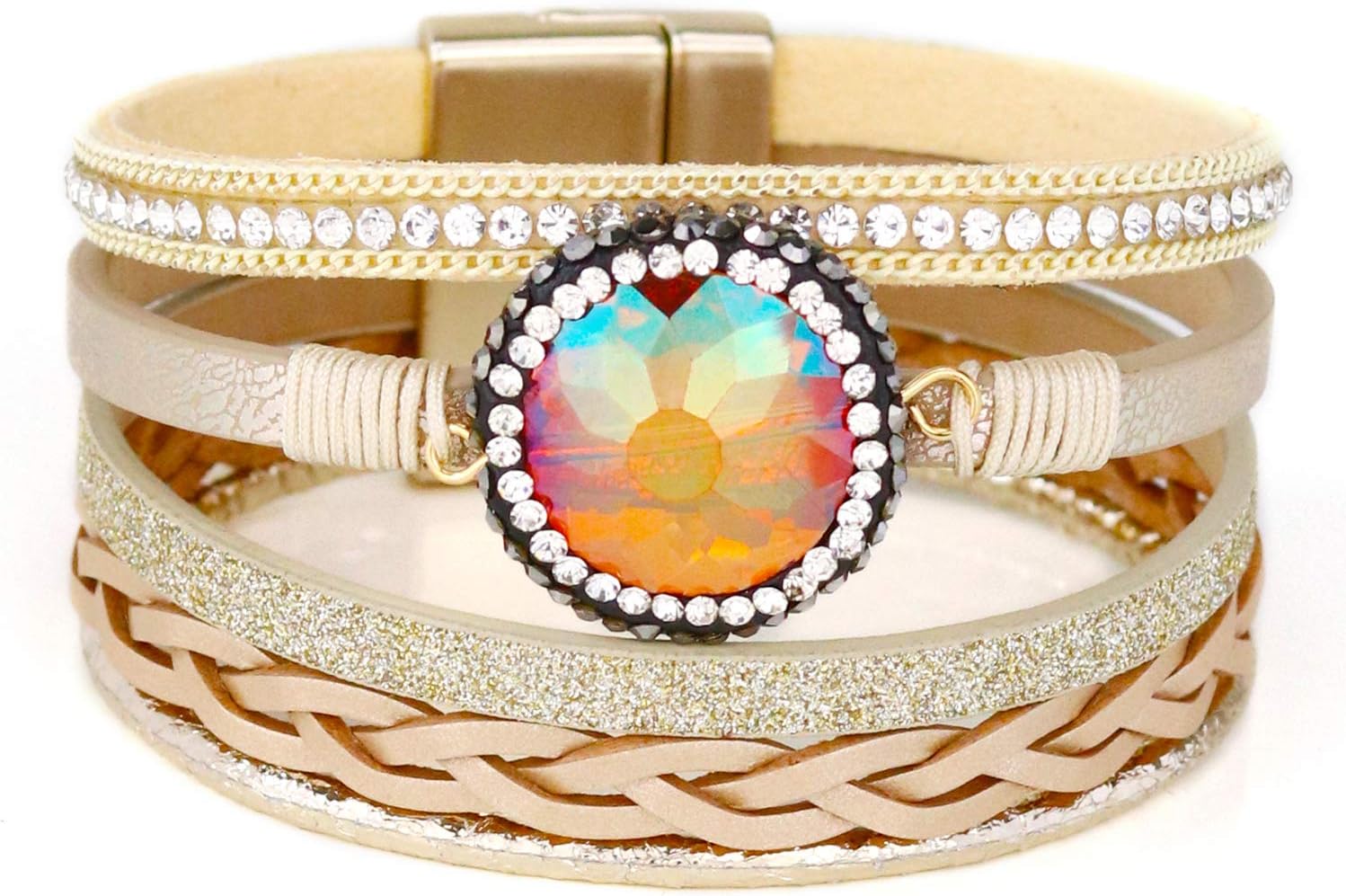 EGOO&YAMEE Wrap Leather Bracelet Multi-Layer Natural Stone Rhinestone Crystal Braided Cuff Bohemia Boho Braided with Magnetic Buckle Vintage Bracelet Gifts for Women and Girls