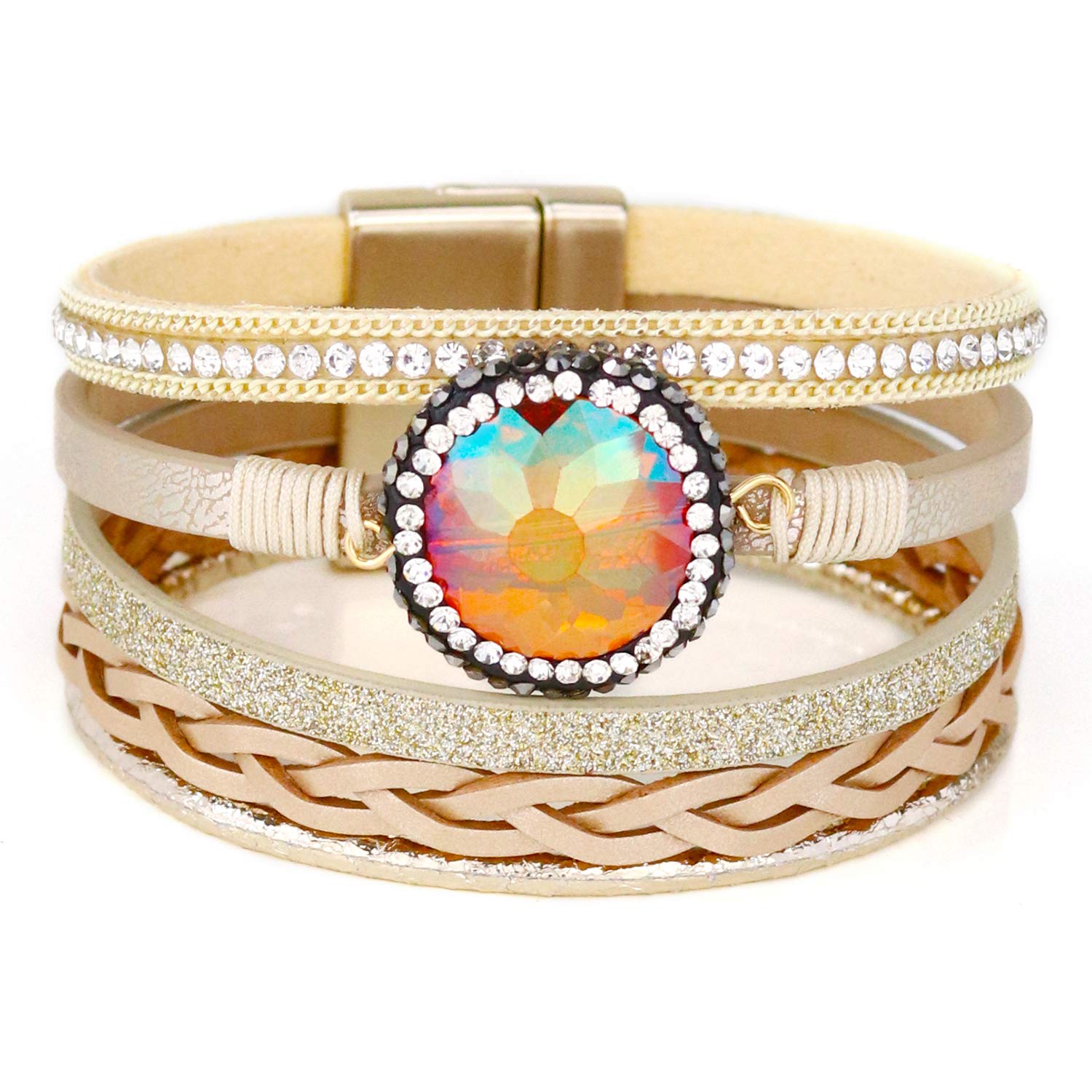 EGOO&YAMEE Wrap Leather Bracelet Multi-Layer Natural Stone Rhinestone Crystal Braided Cuff Bohemia Boho Braided with Magnetic Buckle Vintage Bracelet Gifts for Women and Girls