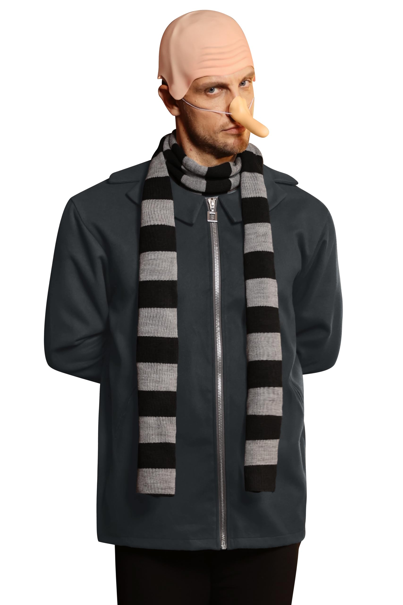 ERECT PEAK Men's Adult Costume 5 Piece Set Halloween Party Cosplay Funny Outfit Grey Coat With Striped Scarf Hairnet Headgear Fake Nose Accessories Comic Con Dress up Black and Gray XXXL