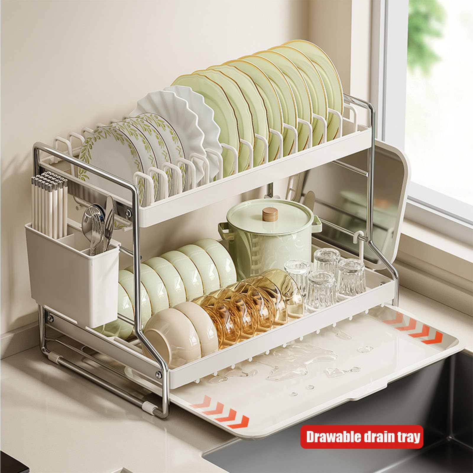 Escurridor de platos de acero inoxidable de 2 niveles con bandeja de goteo, soporte extraíble para cubiertos y cesta, organizador de almacenamiento de cocina multifuncional