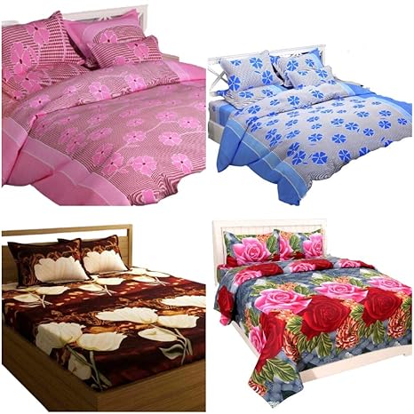 Delight Zone Prime Collection Polycotton 3D Double Bedsheets - 4 Bedsheets & 8 Pillow Covers (Coca Cola with White Flower|Blue Frooti|Pink Frooti|Blue with Red and Pink Flower)