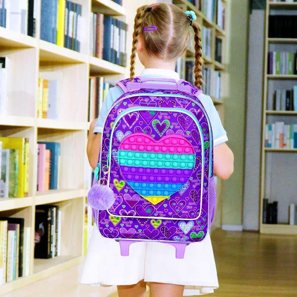 gxtvo Rolling Backpack for Girls, Kids Roller Wheeled Bookbag - Wheeled Elementary School Bag - 3PCS Heart Purple
