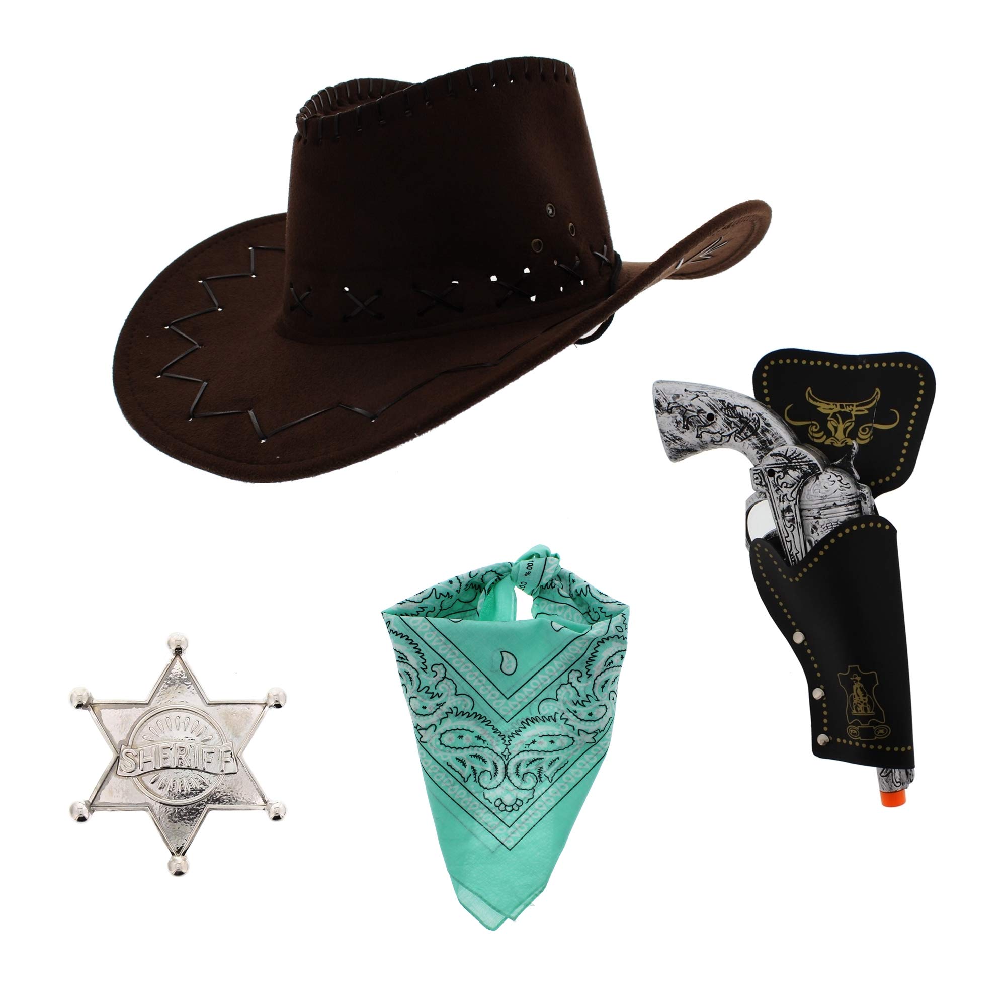 Zac's Alter Ego Fancy Dress Unisex 4 Piece Cowboy Set, Brown Hat, Mint Green Bandana - Image 2