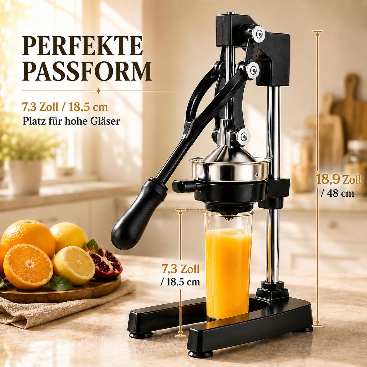 Manuelle Saftpresse Edelstahl 304, 48 cm, mit 2 Pressaufsätzen | Für Orangen, Zitronen, Granatäpfel, Apfel- und Birnenstücke; hoher Auslauf für Becher, stabile Saugfüße