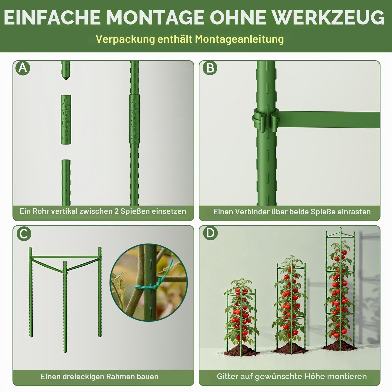 Halatool 4Stück Tomaten Rankhilfe,120cm Verstellbarer Tomatenturm für Gurken,Töpfe & Hochbeete,Töpfe, Hochbeete, & Klettergemüse sowie Blumen (Grün 4 Packungen)