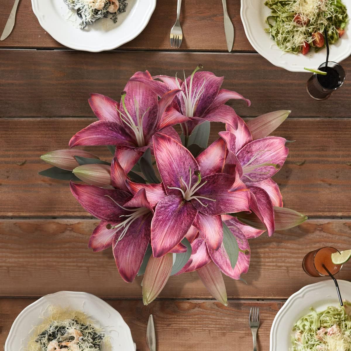 IPOPU Pink Artificial Lily Flowers 5PCS Hot Pink Silk Flowers Tiger Lily Faux Flowers Pink Flower Bulk Floral Arrangement Wedding Party Decor Home Decor - Image 4