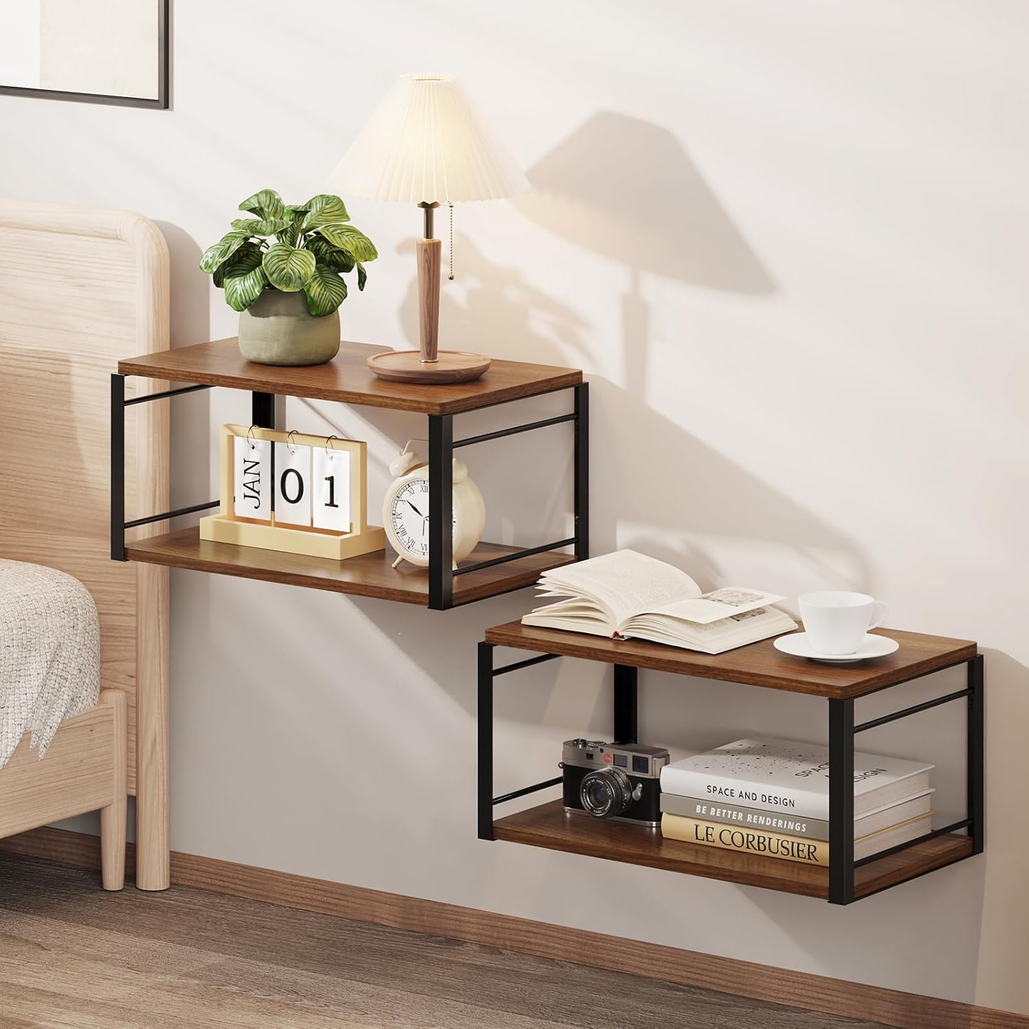 floating nightstand wall shelf vintage brown set of 2 - mounted by bed