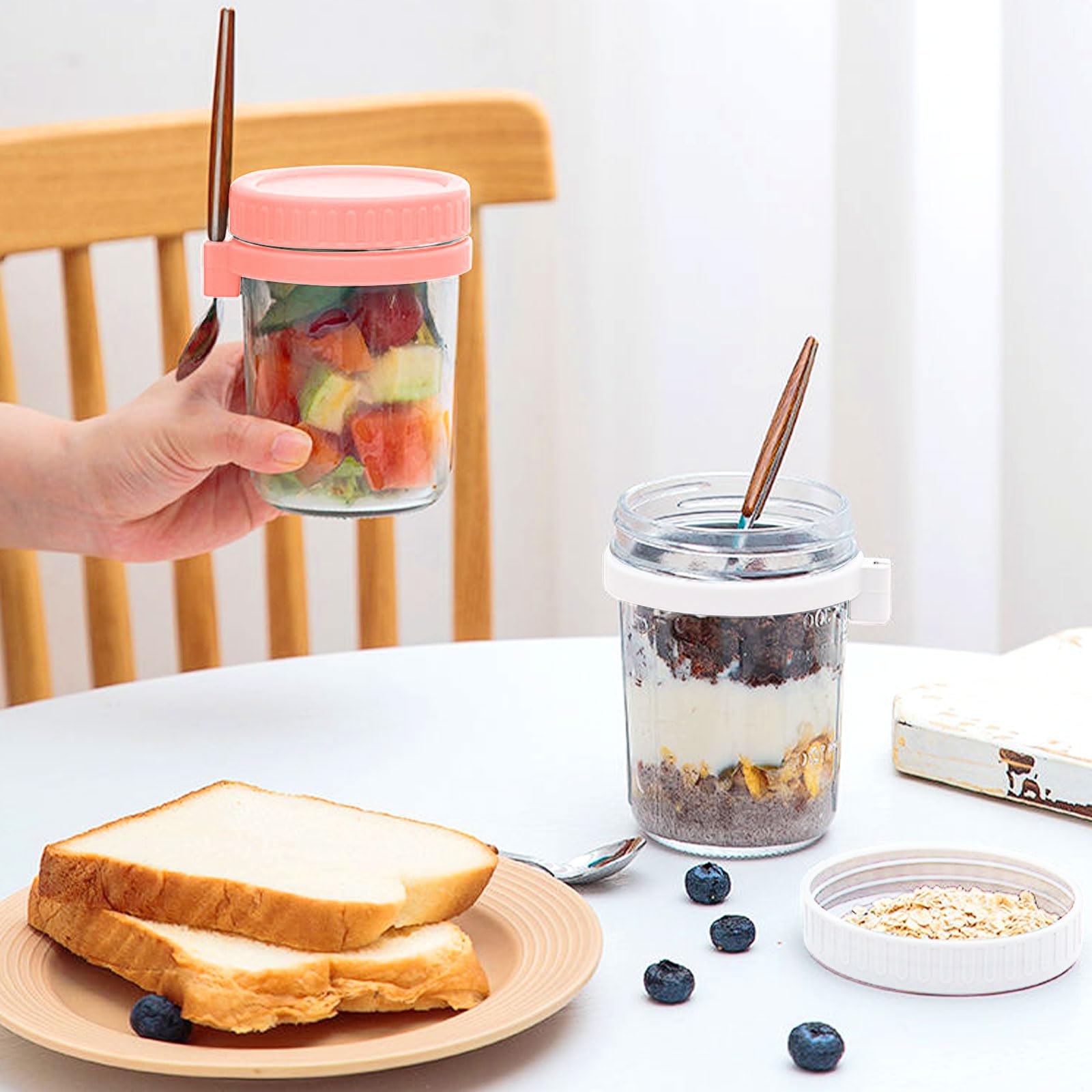 Set Da 6 Barattoli In Vetro Per Overnight Oats, 473ml, Con Coperchi Ermetici E Cucchiai In Acciaio Inox, Per Yogurt E Insalate
