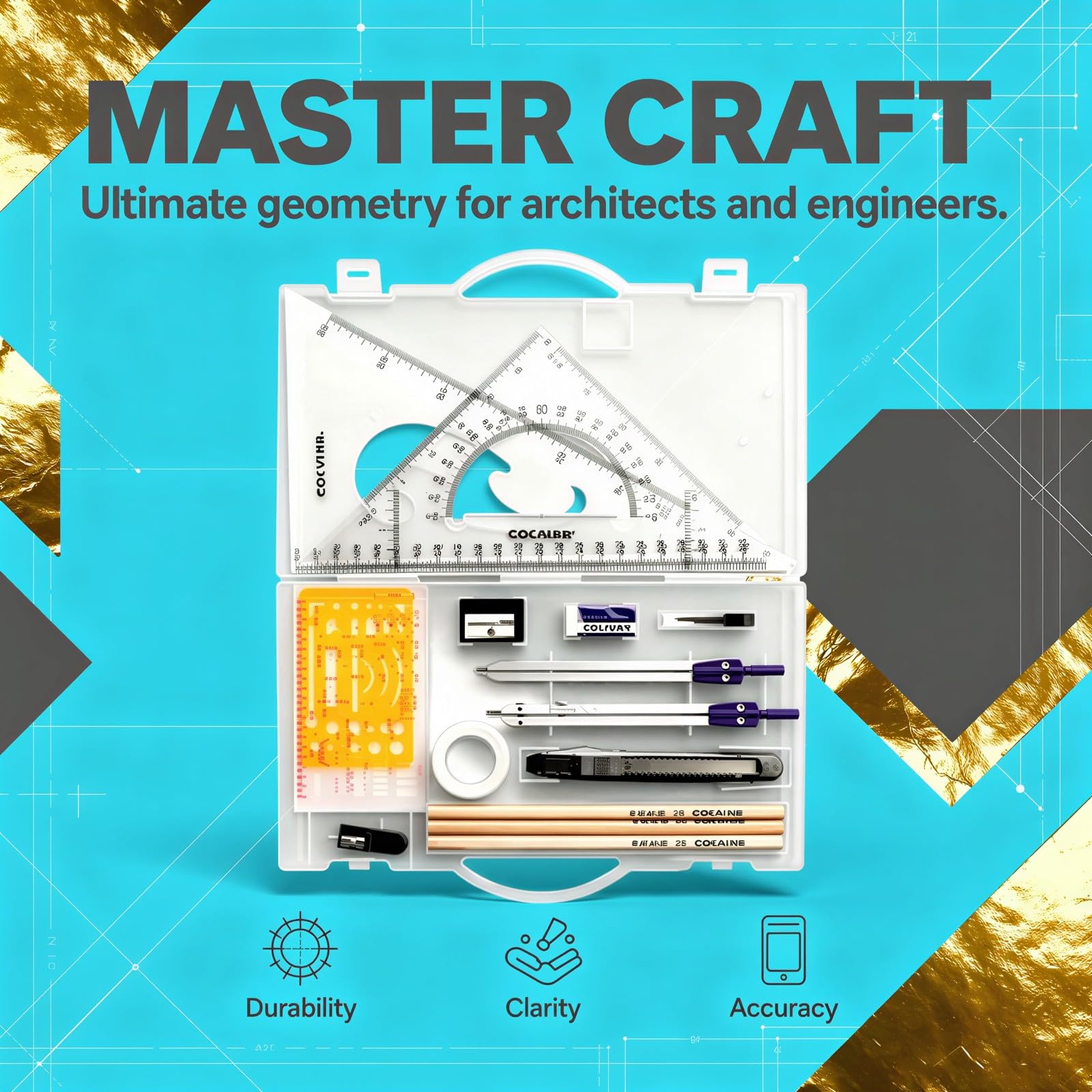 Set géométrie 20 pièces, kit d'outils de dessin de précision avec compas, gabarits de dessin, rapporteurs et crayons en bois, fournitures de traçage pour architecture, ingénierie et design