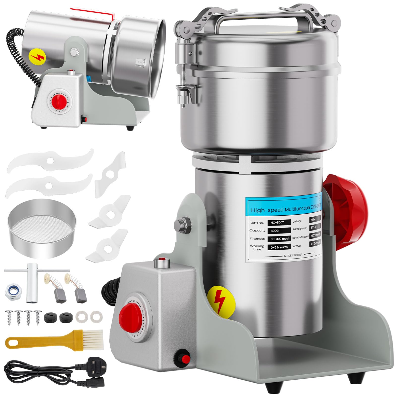800g Electric Grain Grinder, 2400W High-Speed Spice Mill, 28000RPM, 6-Blade Stainless Steel, 20S Superfine Grinding, 5-Min Timer, Overload Protection for Coffee, Nuts, Grains and More