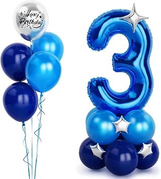 40 Inch Blue Number 3 Balloon with Happy Birthday Metallic Foil and Star - Self Inflating Helium for Boys Mens Birthday Party Decorations Anniversary