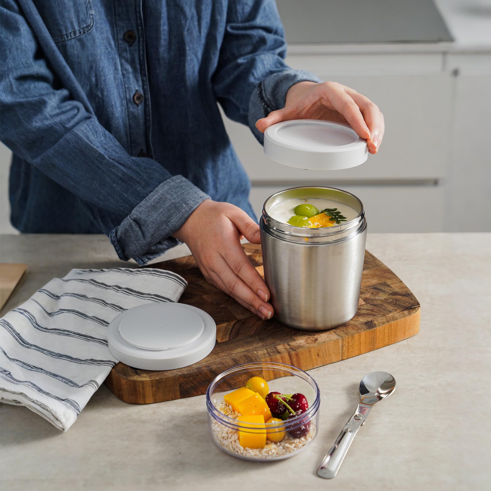 Bakpoco 2-in-1 abnehmbarer, isolierter Lebensmittelbehälter, 479 ml, Suppen-Thermo für heiße Speisen, Kinder und Erwachsene, mit 190 ml Snackbehälter, Edelstahl, isolierter Lunchbehälter mit Löffel