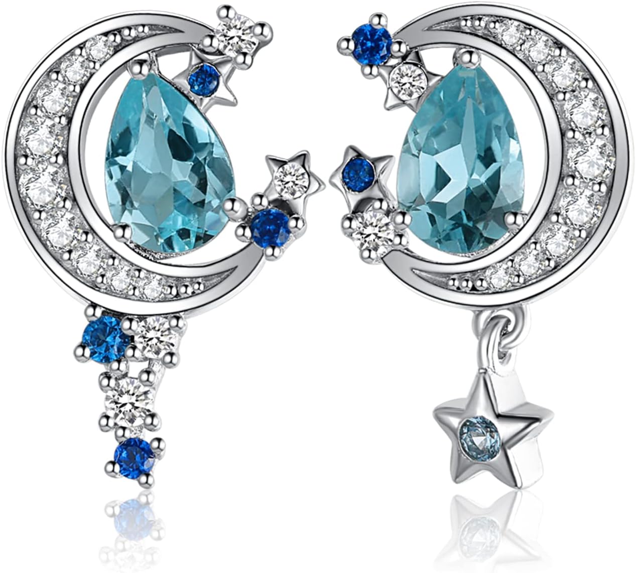 JewelryPalace Moon Star 2.7ct Pear Cut Genuine Sky Blue Topaz Created Sapphire Stud Earrings for Women, 14k White Gold Plated 925 Sterling Silver Earring for Her, Natural Gemstone Jewellery Sets