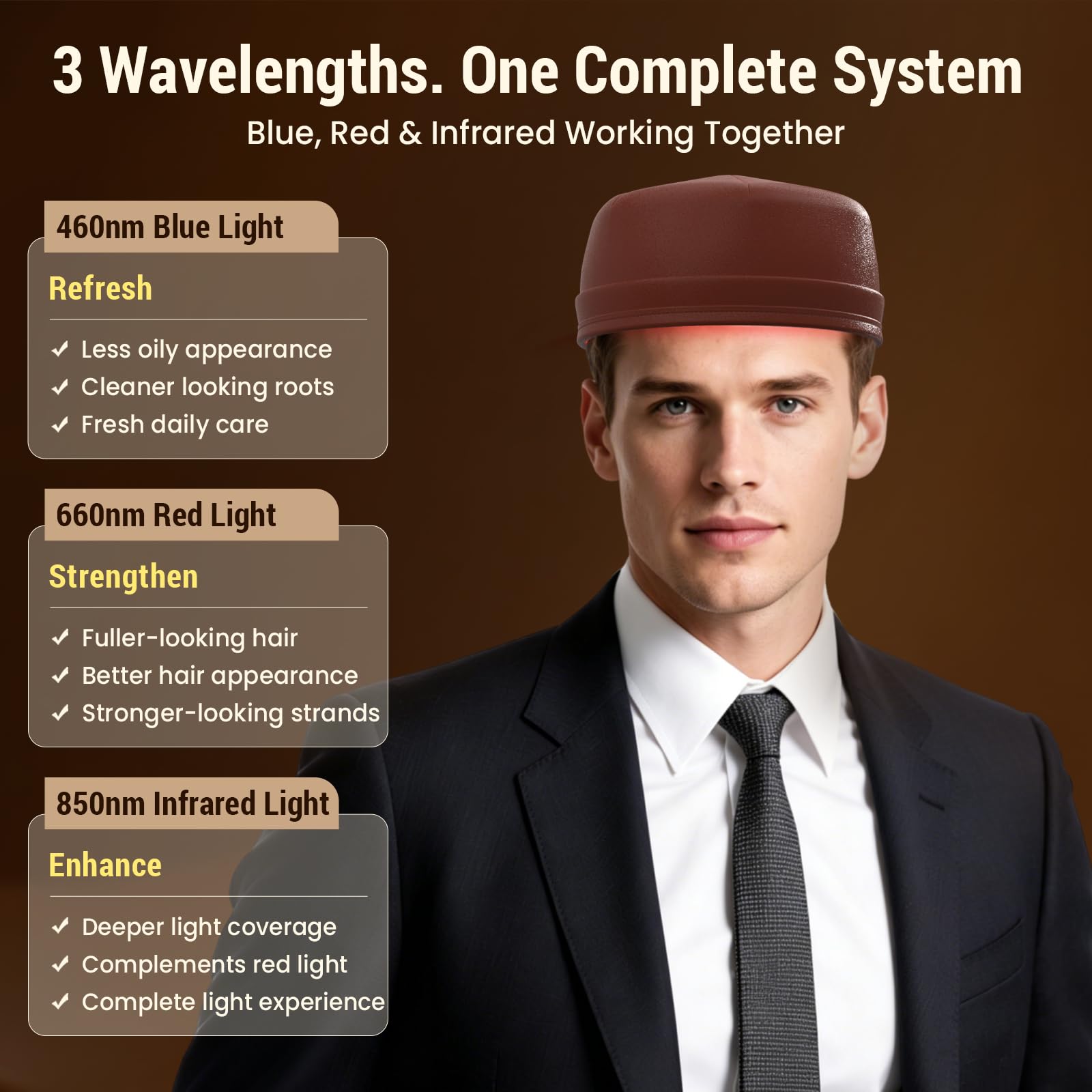 Laser Capilar para Cabello con Precisión Láser & Cobertura LED, 120 Perlas 460nm/660nm/850nm Gorro de Luz Infrarroja y Roja para el Soporte del Cabello Ralo, 3 Modos & 5 Intensidades (marrón)