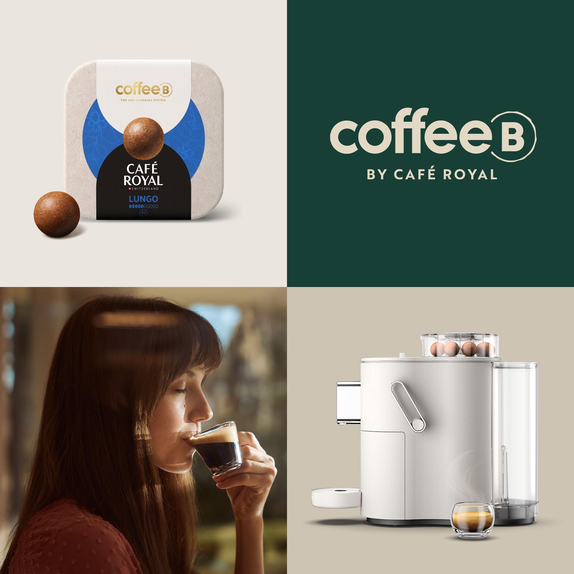 CAFE ROYAL SWITZERLAND PROFESSIONAL Machine à Café CoffeeB Globe Blanc 1.3L avec 90 Coffee Balls Lungo - 100% Compostables
