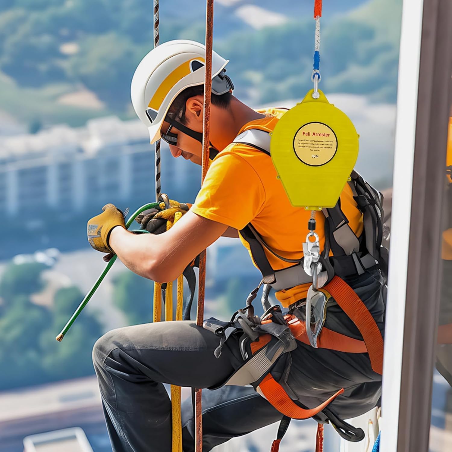 Fall Protection Retractable Lanyard 15FT Construction Self-Retracting Lifeline Fall Arrester Safety Roofing Work Rope