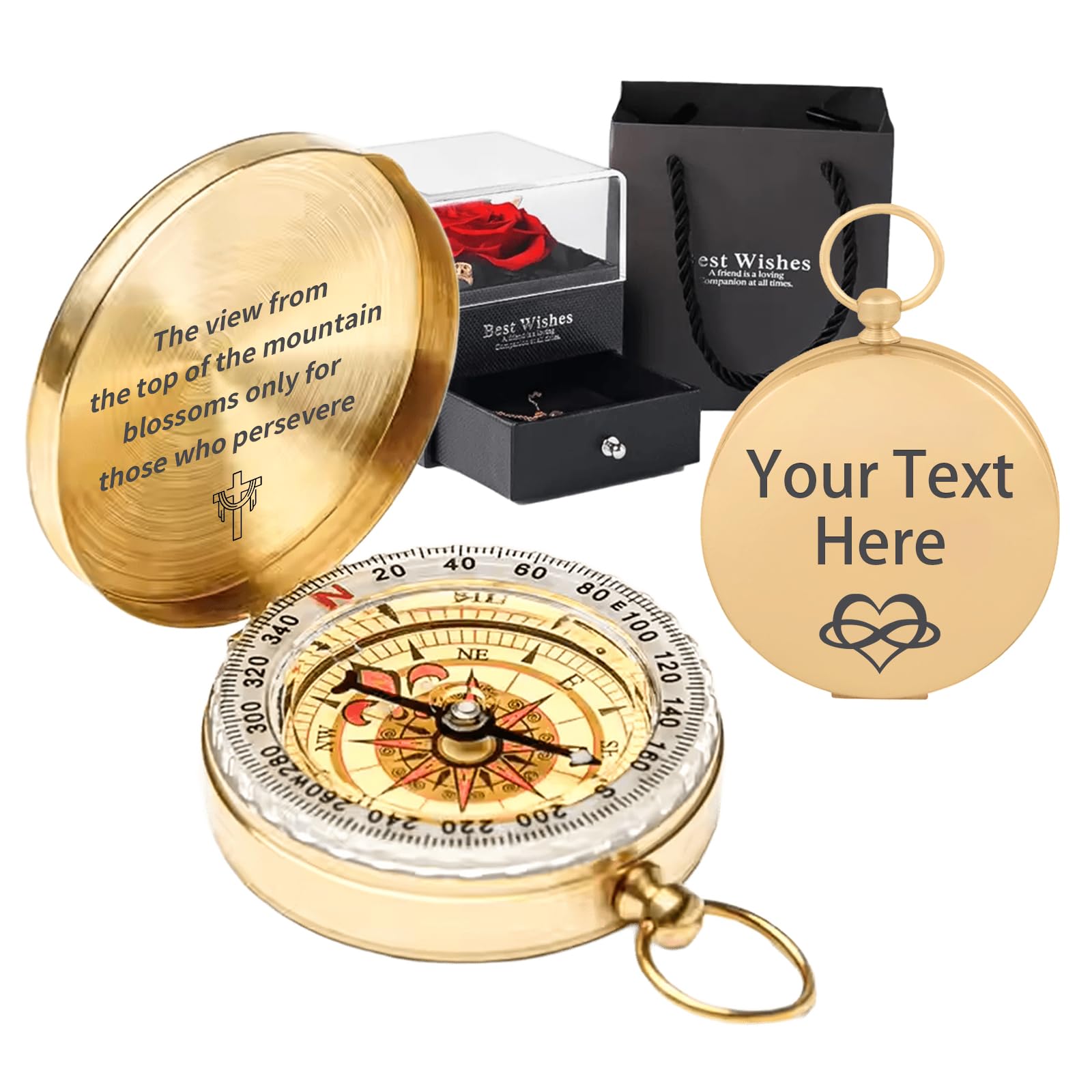Custom Compass Personalized Portable Compas with Text Waterproof Luminous Function Compasses for Men Women Camping Hiking Outdoor Adventure Party Navigation Tool (brass)