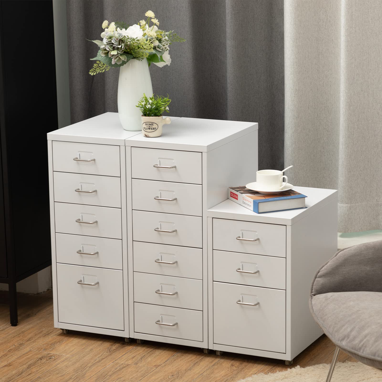HollyHOME Caisson Métallique à 5 Tiroirs, Organisateur de Classement Roulant pour Bureau, Meuble de Rangement Moderne avec roulettes pour Maison et Bureau, Blanc