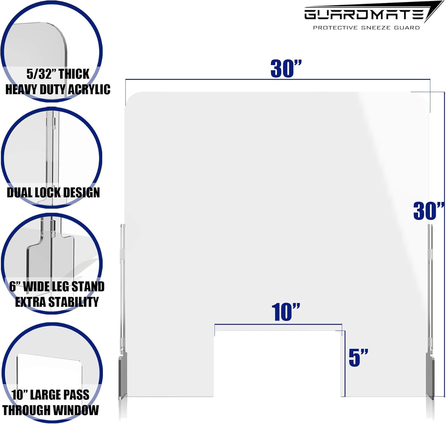 GUARDMATE | Premium Plexiglass Shield Commercial Grade Sneeze Guard | DUAL-LOCK Design 30"W x 30"H Acrylic Divider Protection Portable Plastic Barrier Shield Reception Desk Cashier Checkout Counter : Office Products