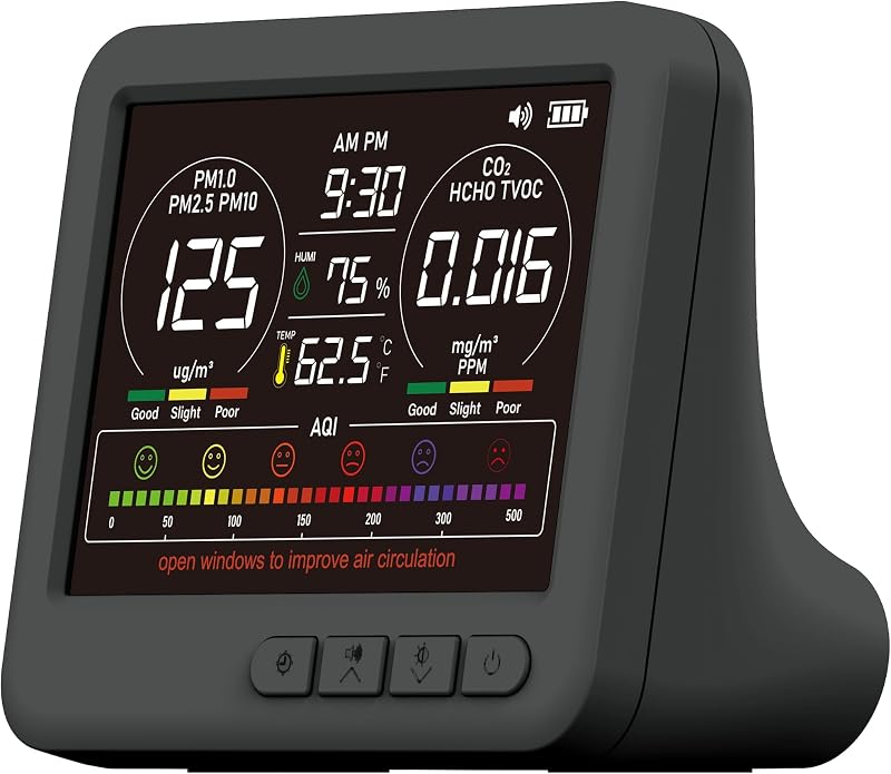 Monitor de calidad del aire interior portátil profesional 16 en 1 con recordatorio de AQI, detector de aire en tiempo real para el hogar, dormitorio, oficina, automóvil y uso diario