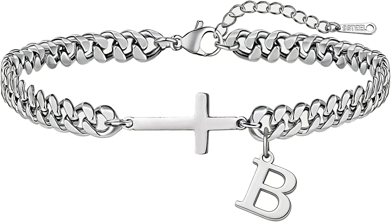 Cross Cuban Link Bracelets for Men Initial A - Z Faith Cross Bracelets, Stainless Steel Fashion Initial Charm Chain Bracelet Religious Jewelry Gift for Men