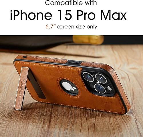 Miniatura 2 de Casus - Funda diseñada para iPhone 15 Pro Max con función atril, piel vegana, delgada, vista de logotipo, clásica funda protectora de lujo elegante