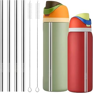 4 Pcs Replacement Stainless Steel Straws, Reusable Metal Straw Replacement with 2 Cleaning Brushes for Water Bottle (21cm for 24-32oz)